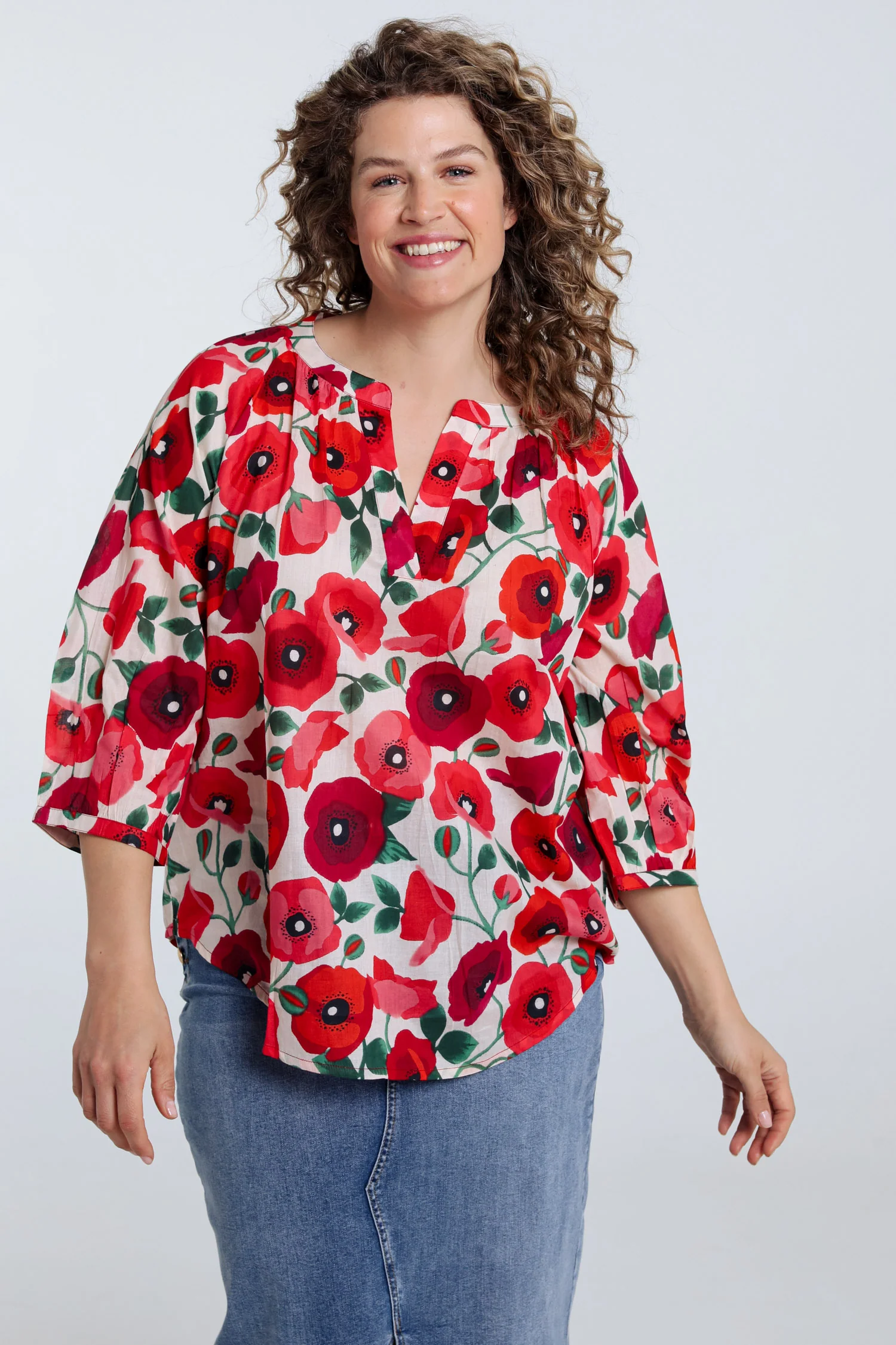 Katoenen blouse met klaproosprint