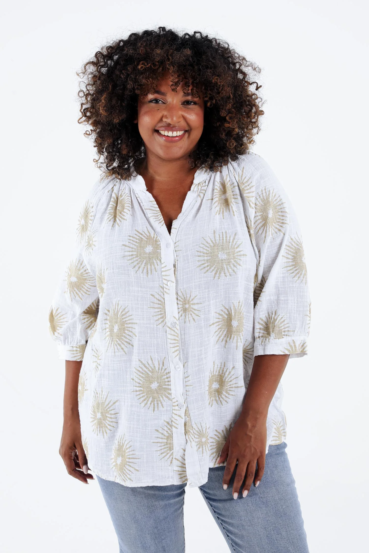 Blouse van katoen met folie zonprint