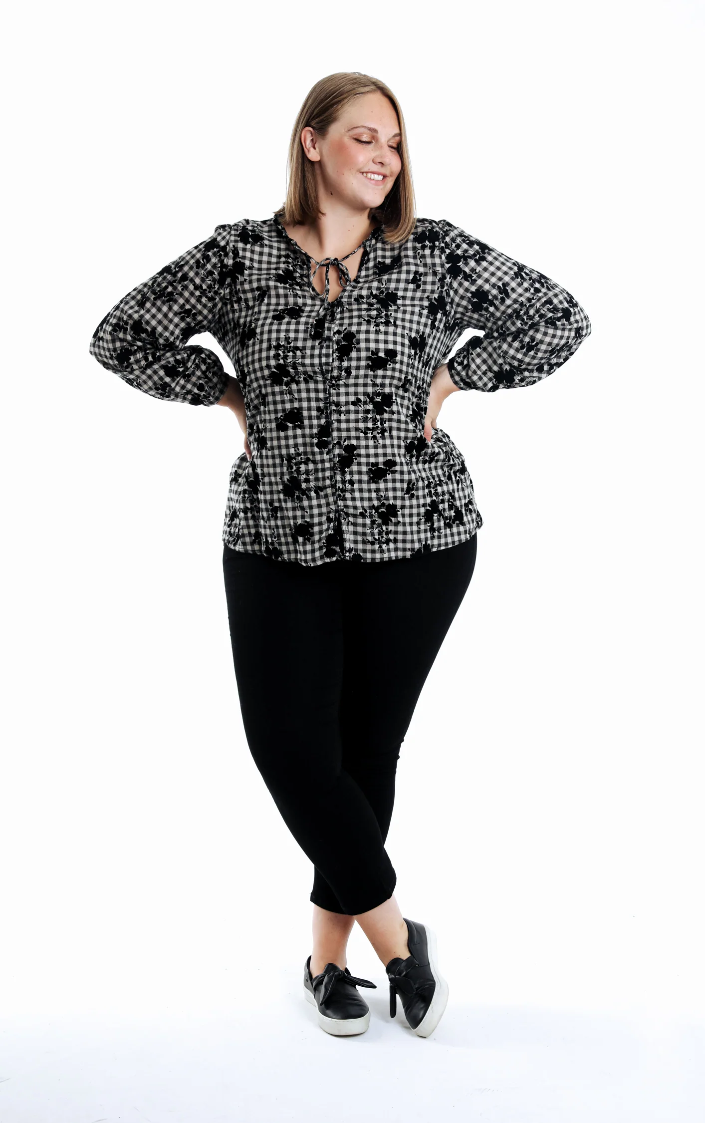 Blouse van katoen met vichyprint en flockbloemen - Image 7