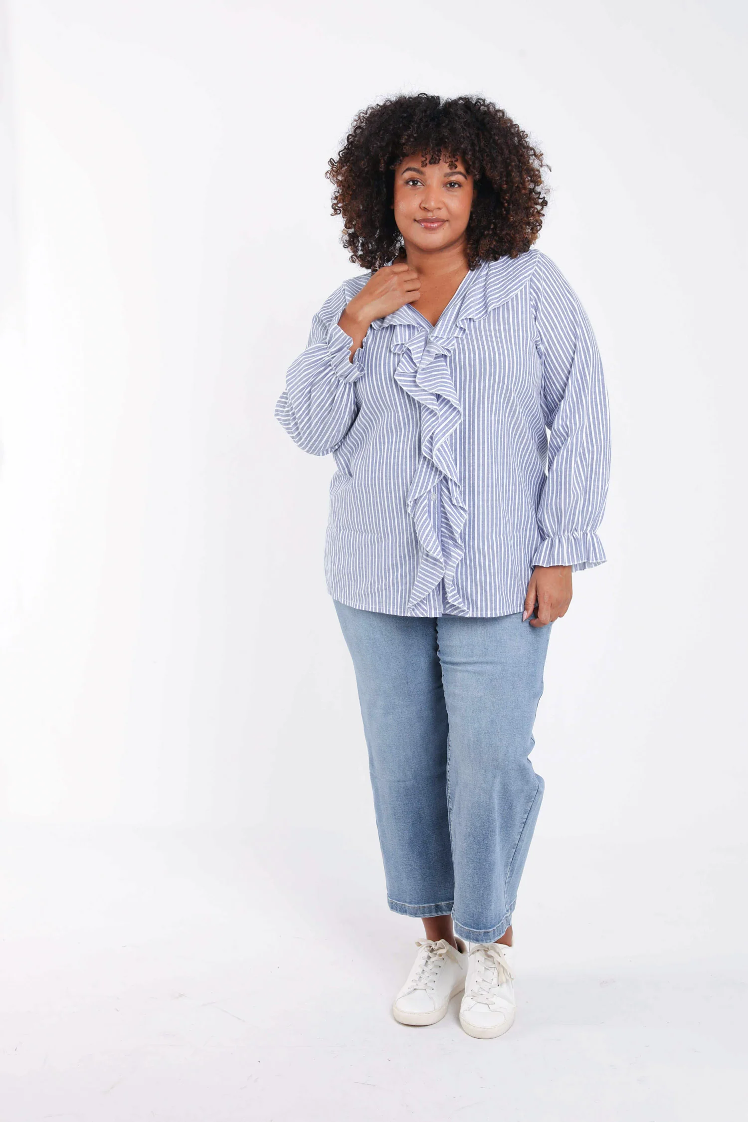 Gestreepte katoenen blouse met ruches - Image 7