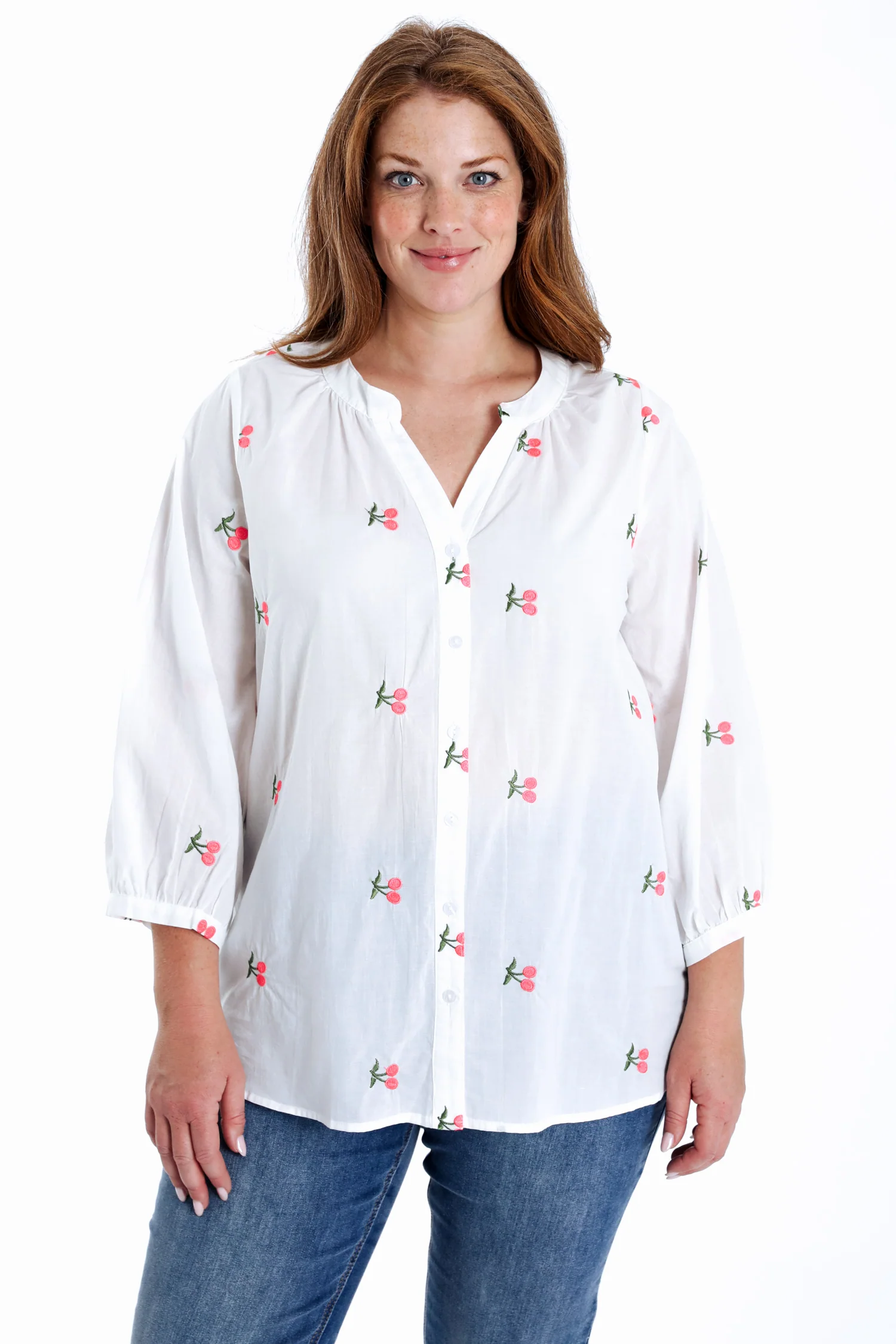 Effen katoenen blouse met kersenborduursels