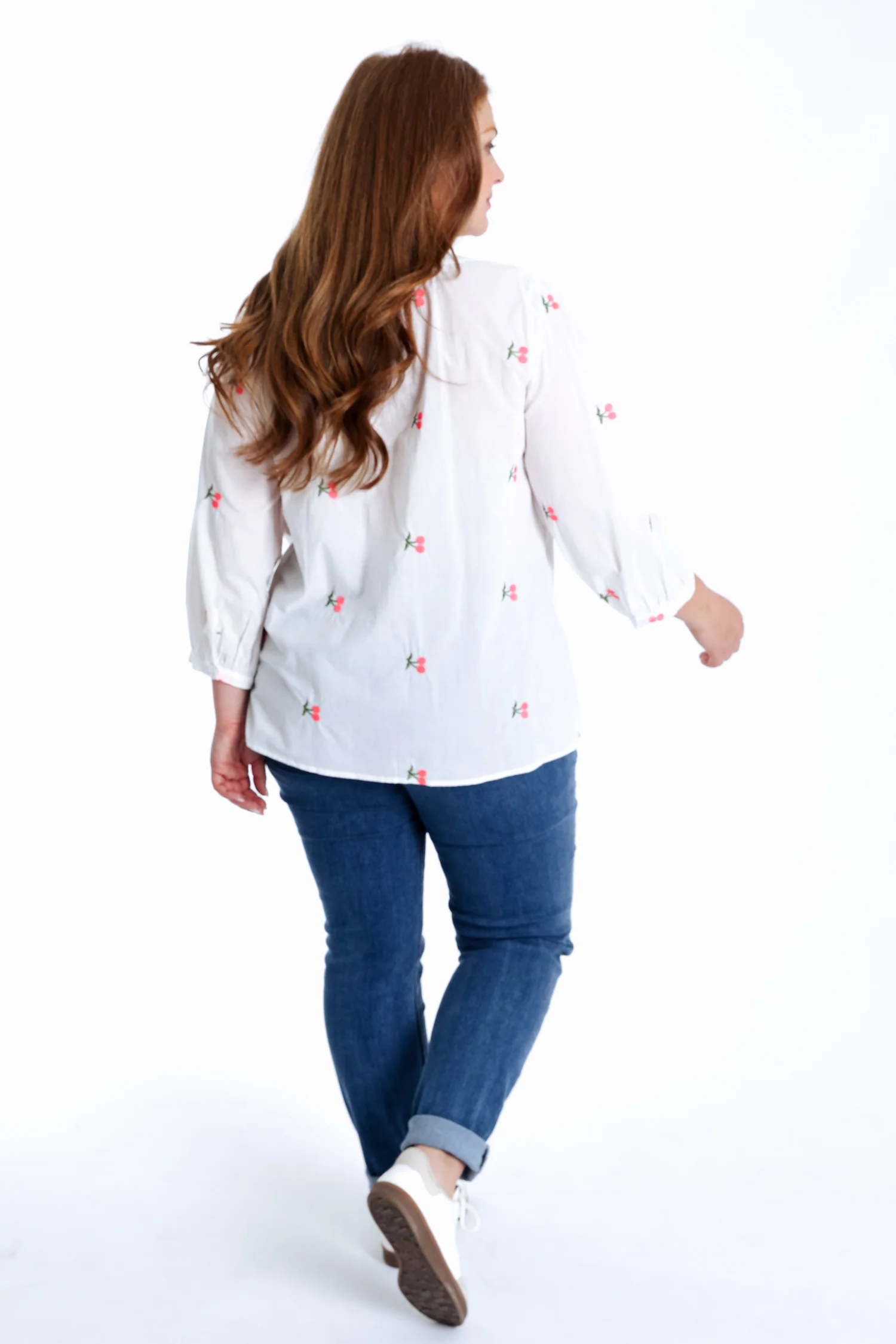 Effen katoenen blouse met kersenborduursels - Image 2