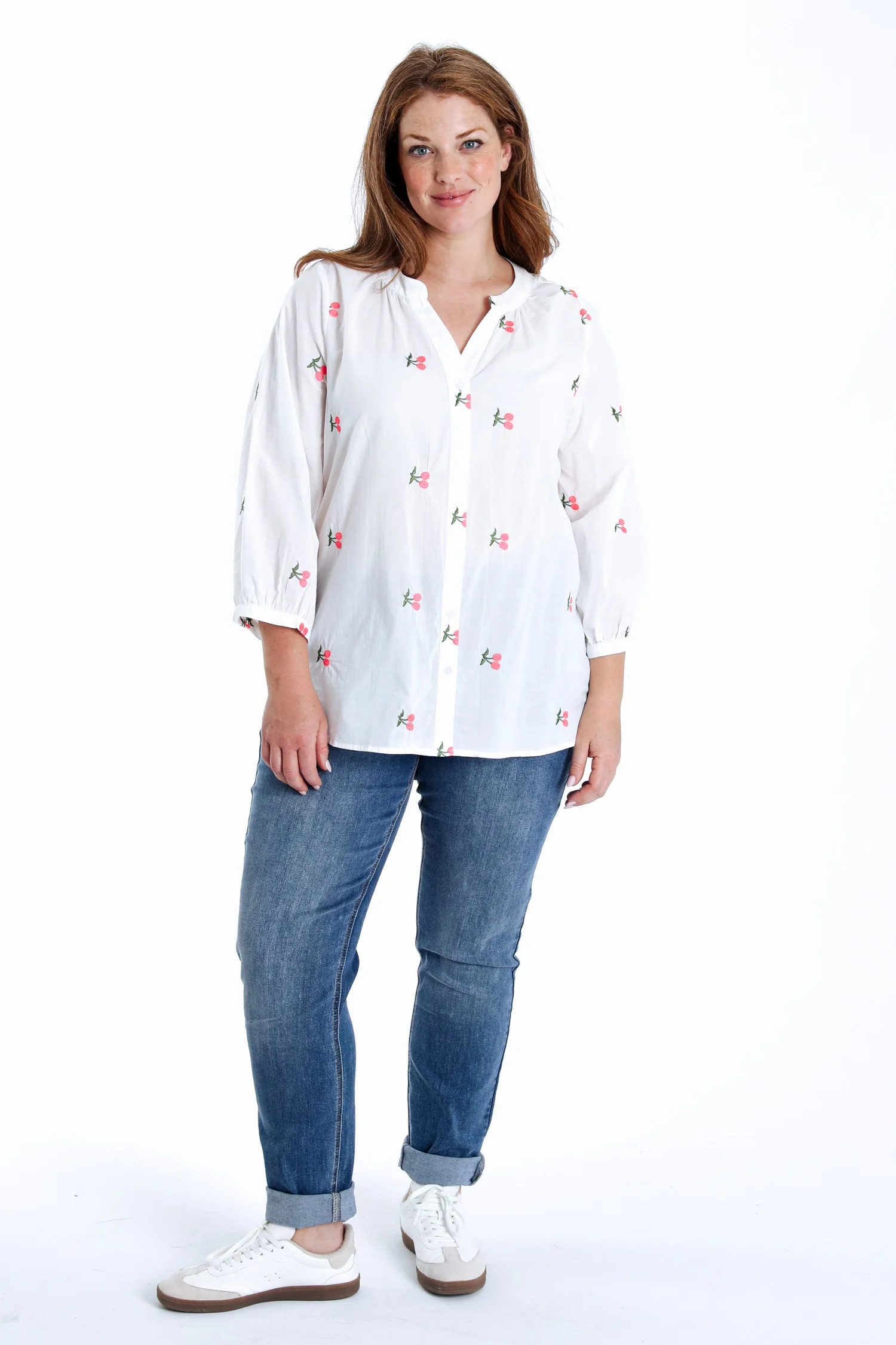 Effen katoenen blouse met kersenborduursels - Image 7