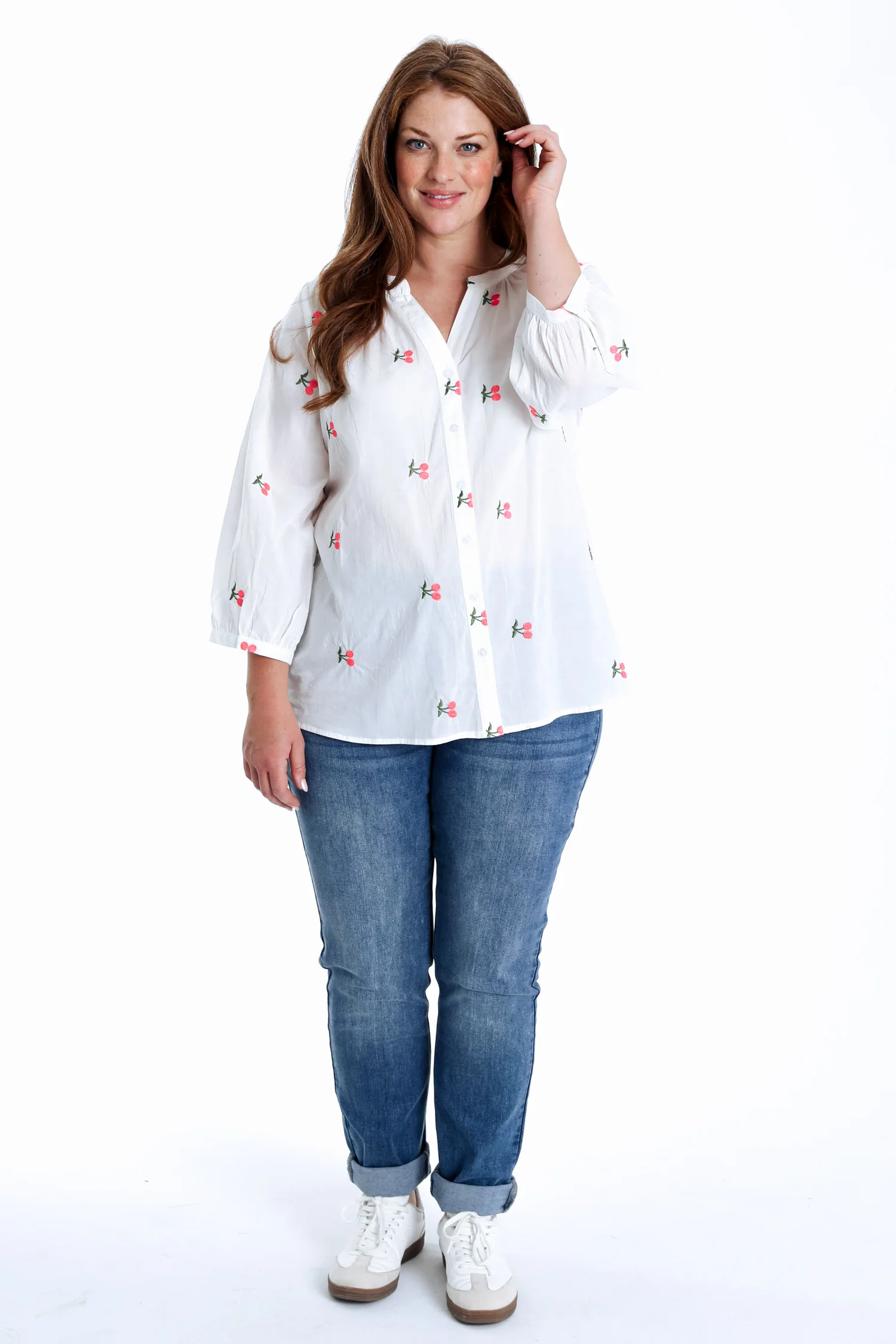 Effen katoenen blouse met kersenborduursels - Image 8