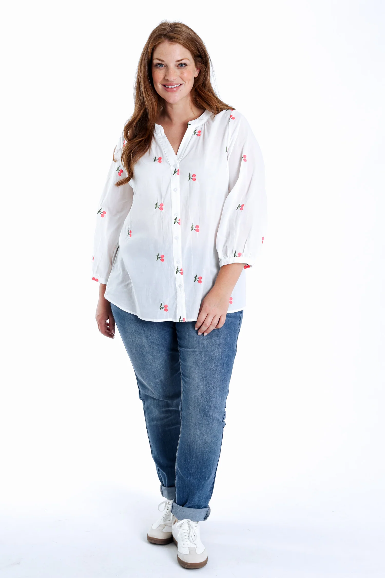 Effen katoenen blouse met kersenborduursels - Image 9