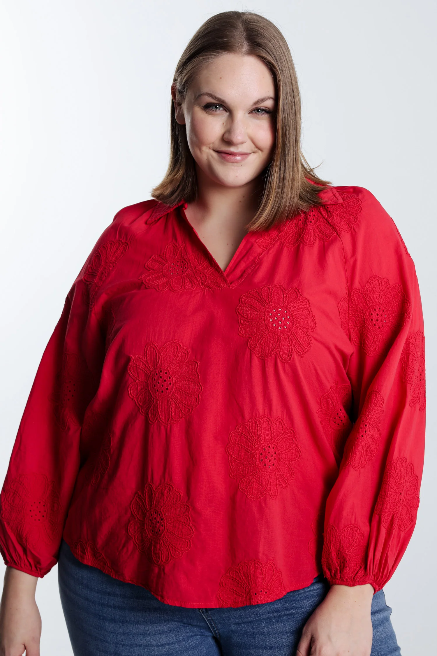 Effen katoenen blouse met geborduurde bloemen - Image 23