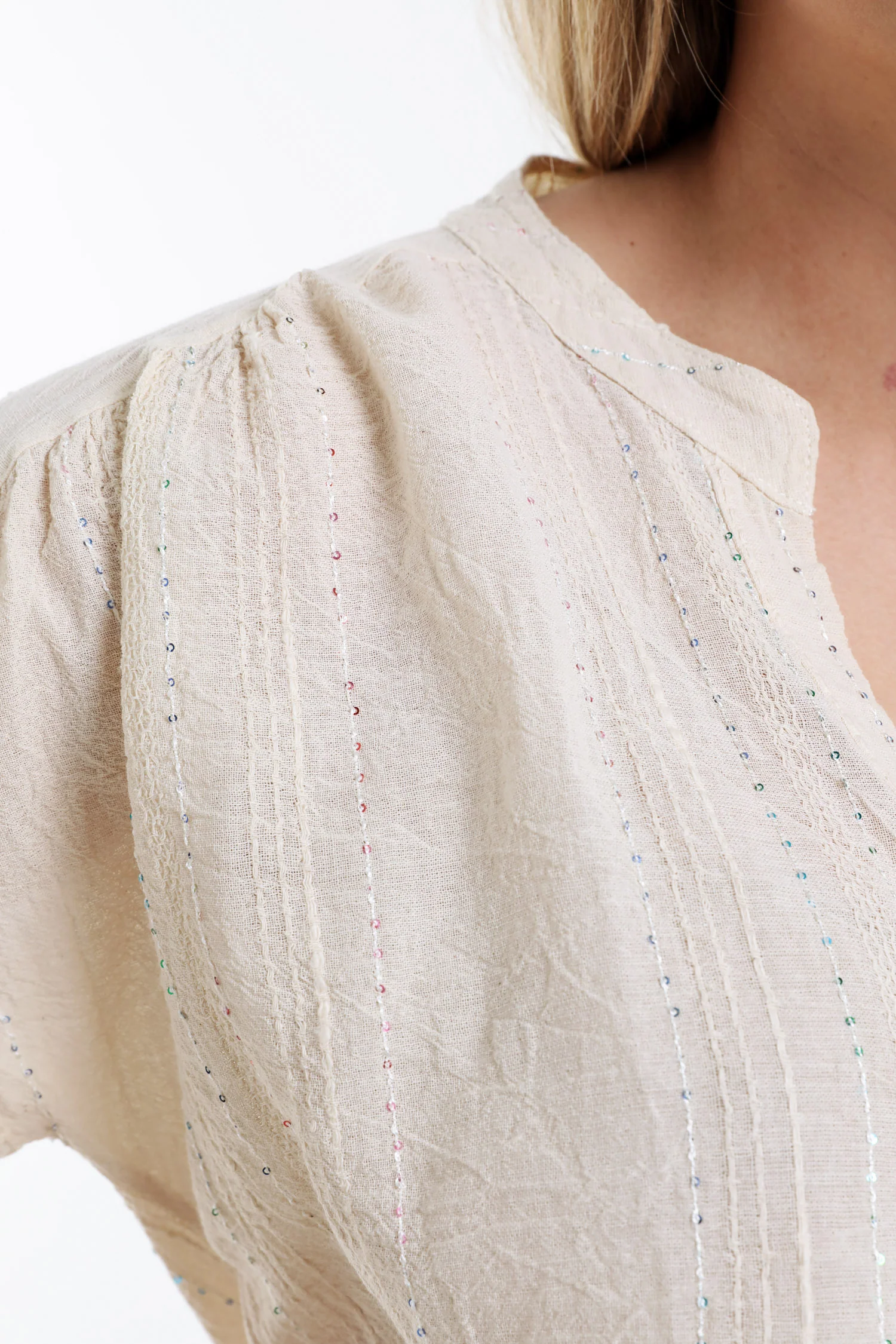 Effen katoenen blouse met gestreepte pailletten - Image 4