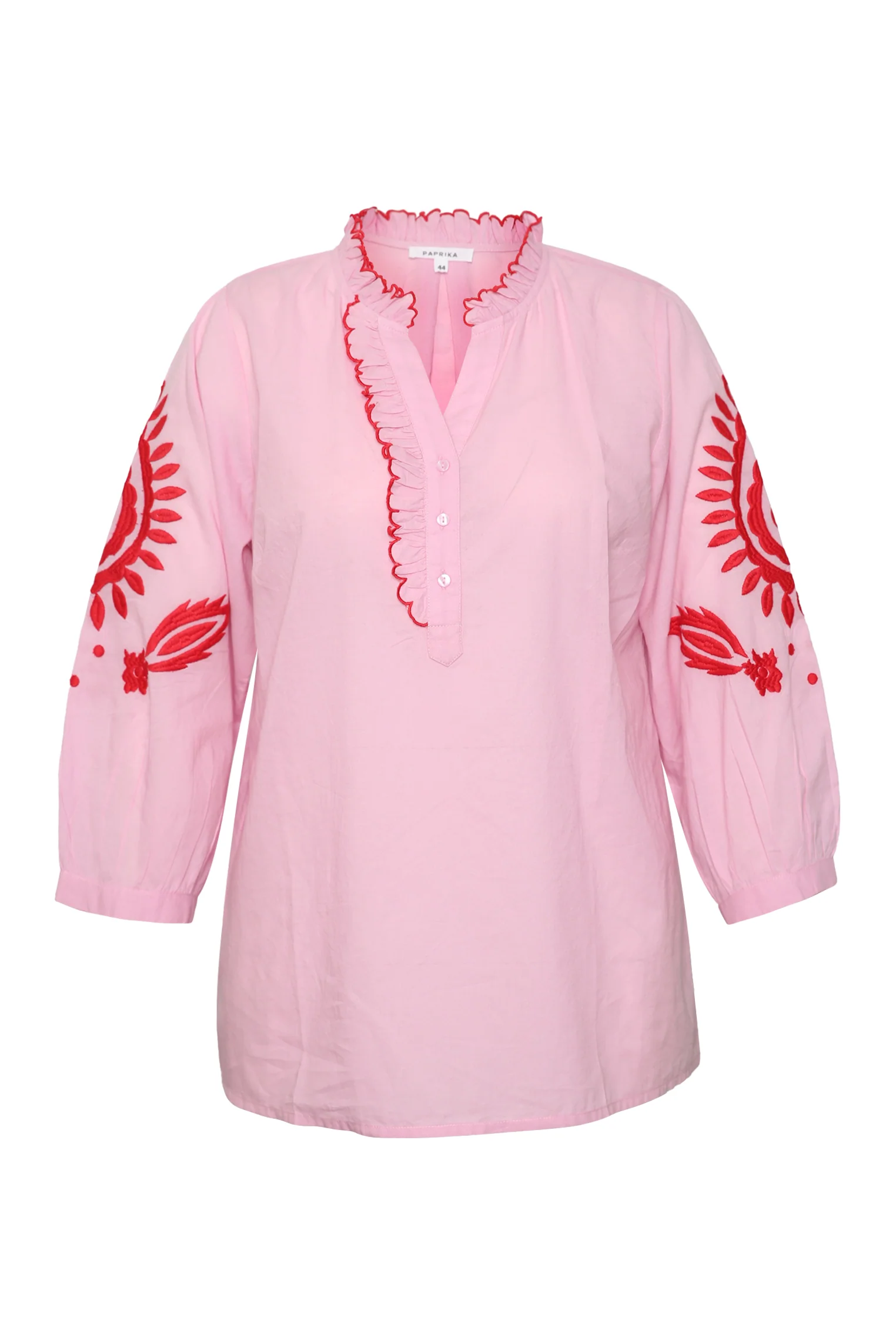 Effen katoenen blouse met ruches en borduursels