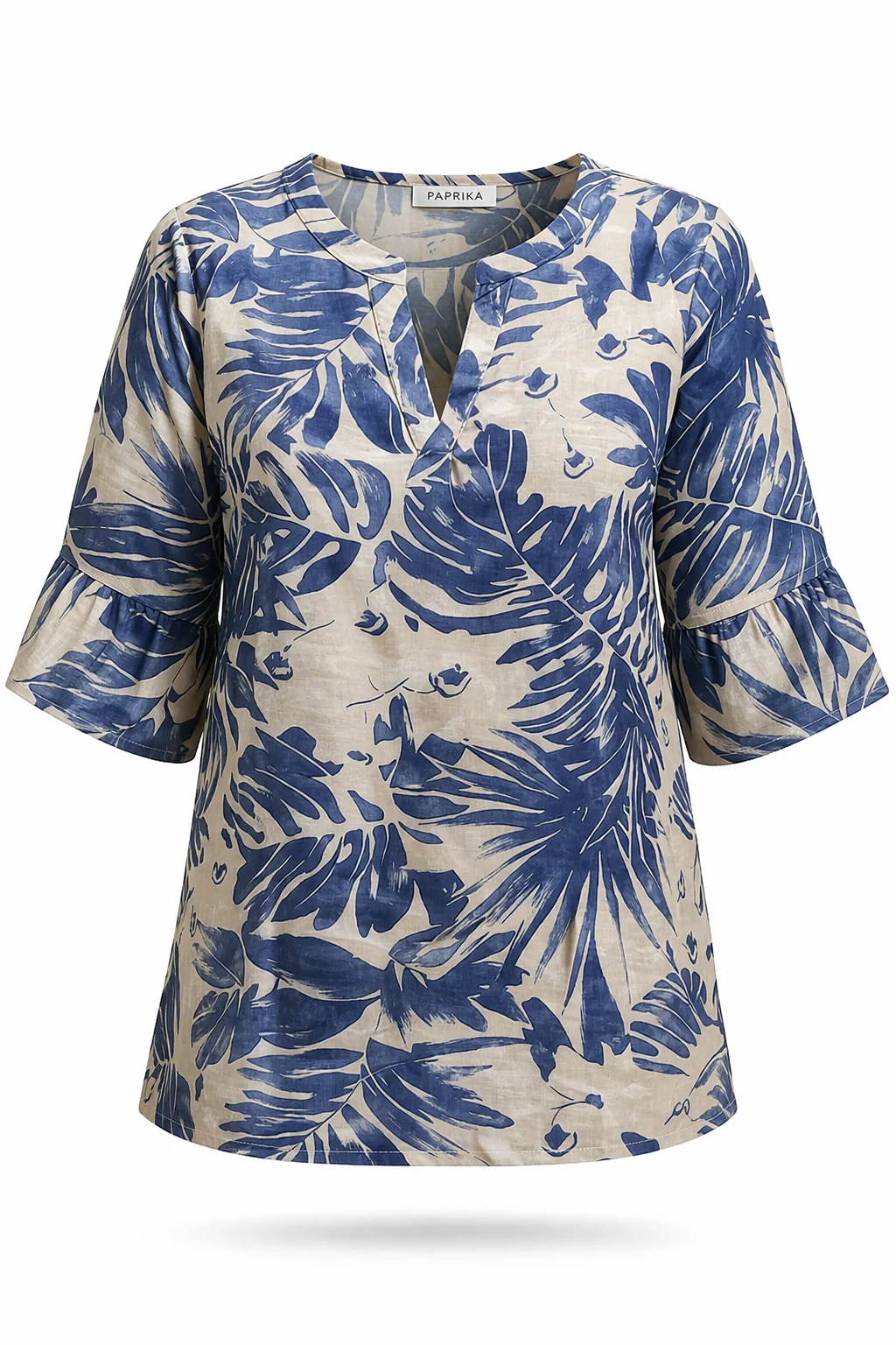Blouse van linnen en viscose met tweekleurige bladprint