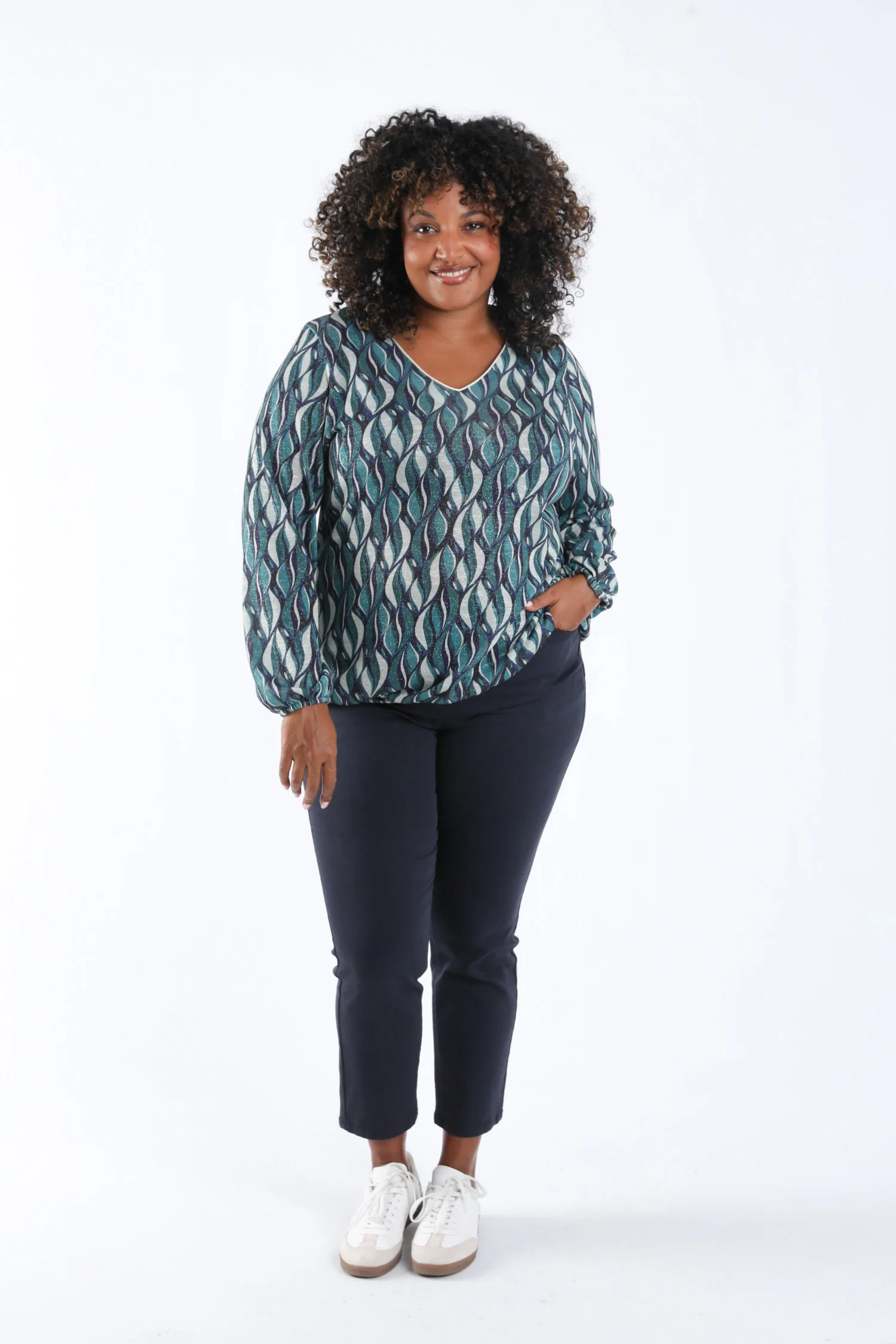 Blouse van warme gebreide stof met grafische print - Image 5