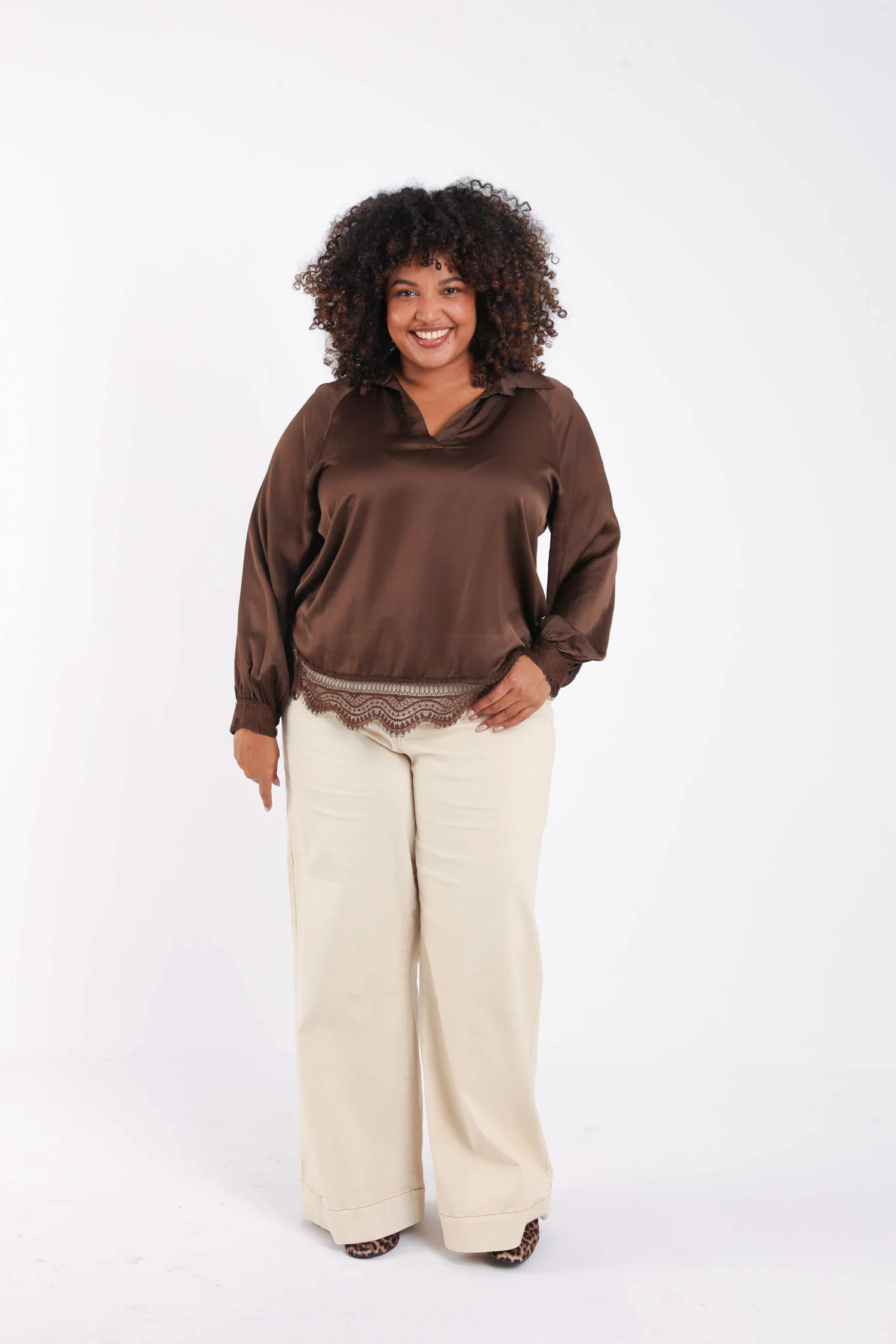 Blouse van viscose met satijneffect, effen met kant - Image 7