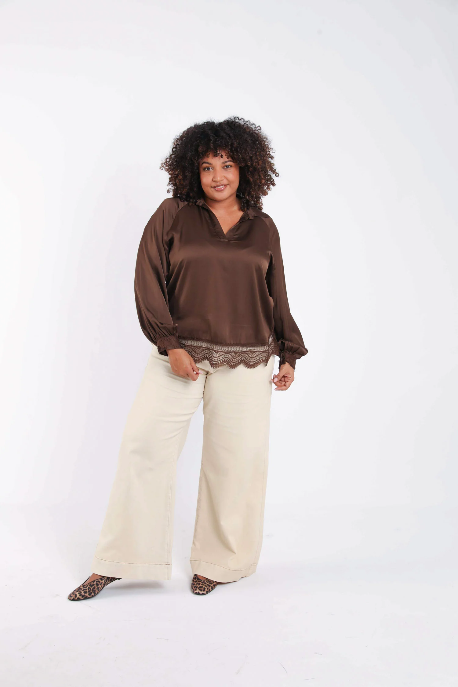 Blouse van viscose met satijneffect, effen met kant - Image 8