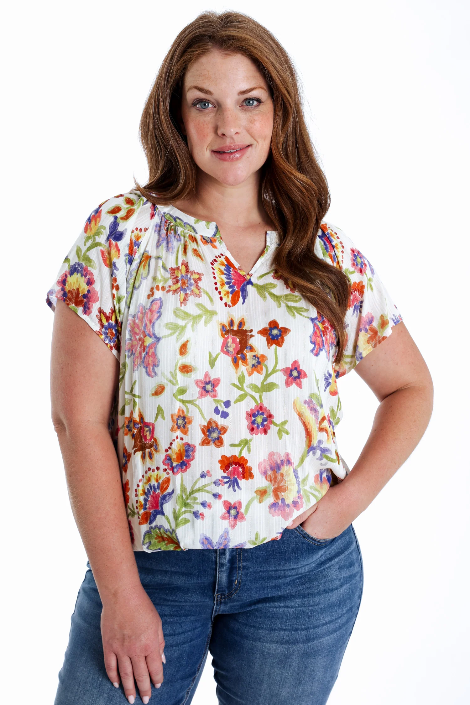 Blouse van viscose met bloemenprint en lurex