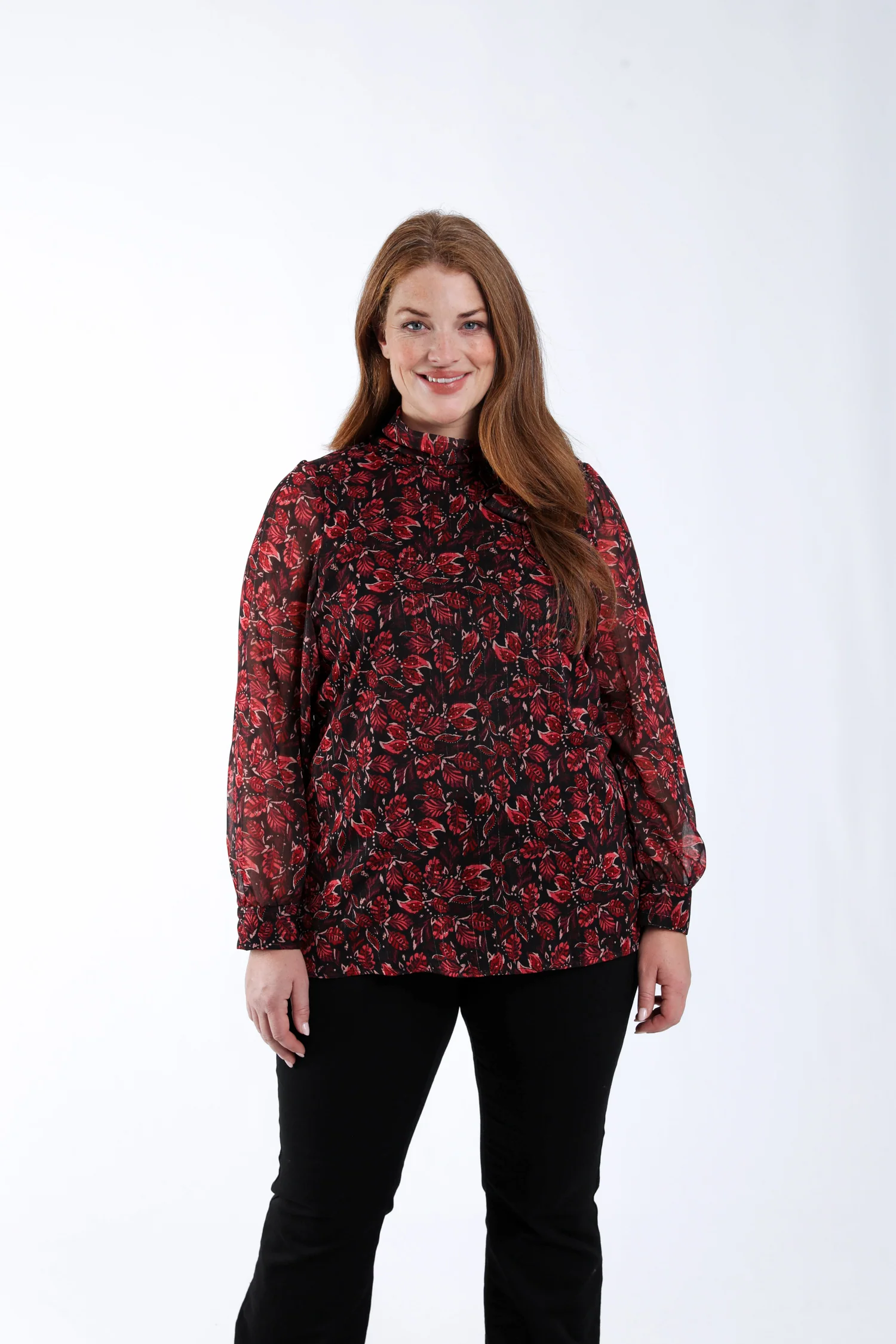 Blouse met bladerenprint en lurex lavallière