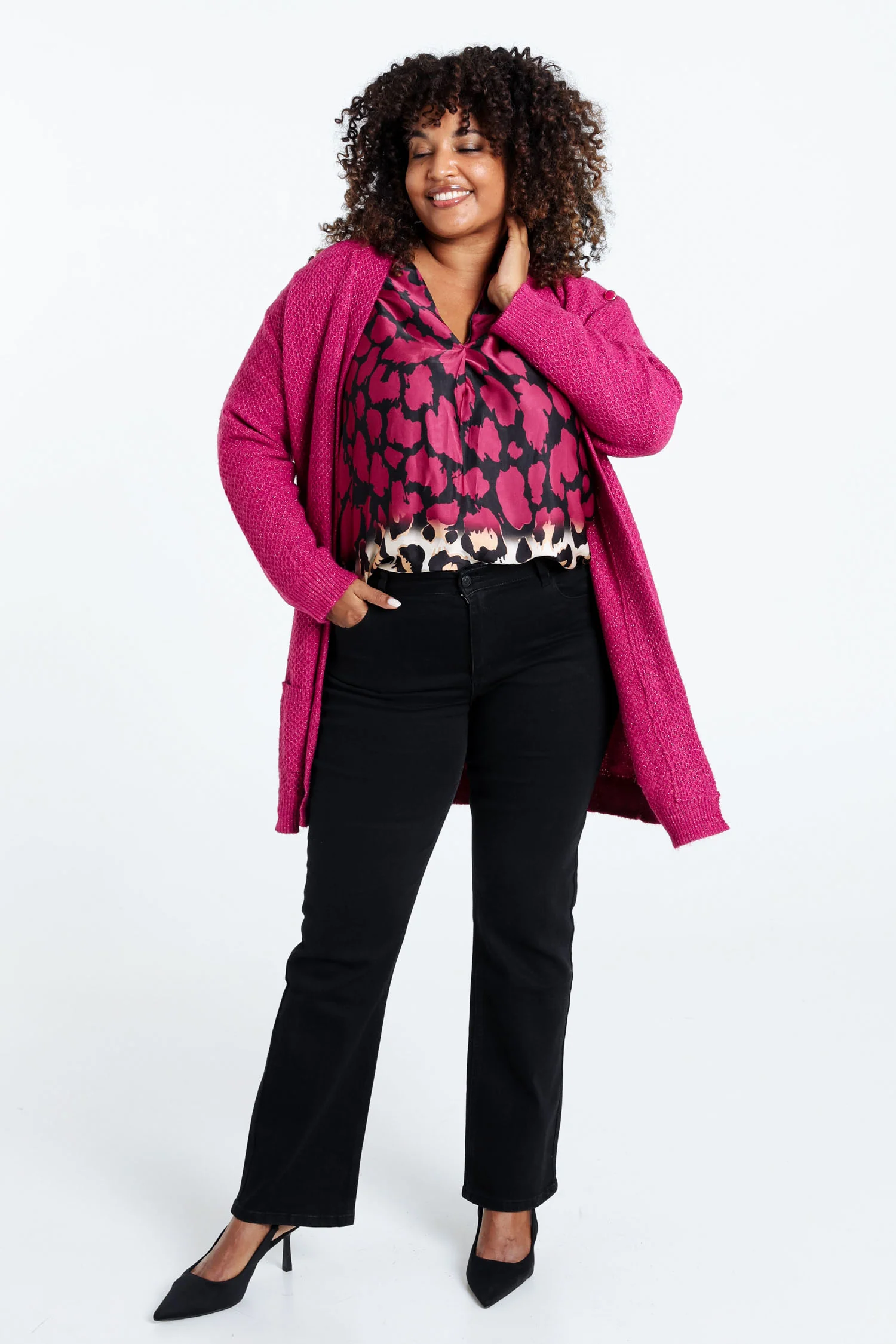 Lange, effen cardigan met sjaalkraag en decoratieve knopen - Image 19