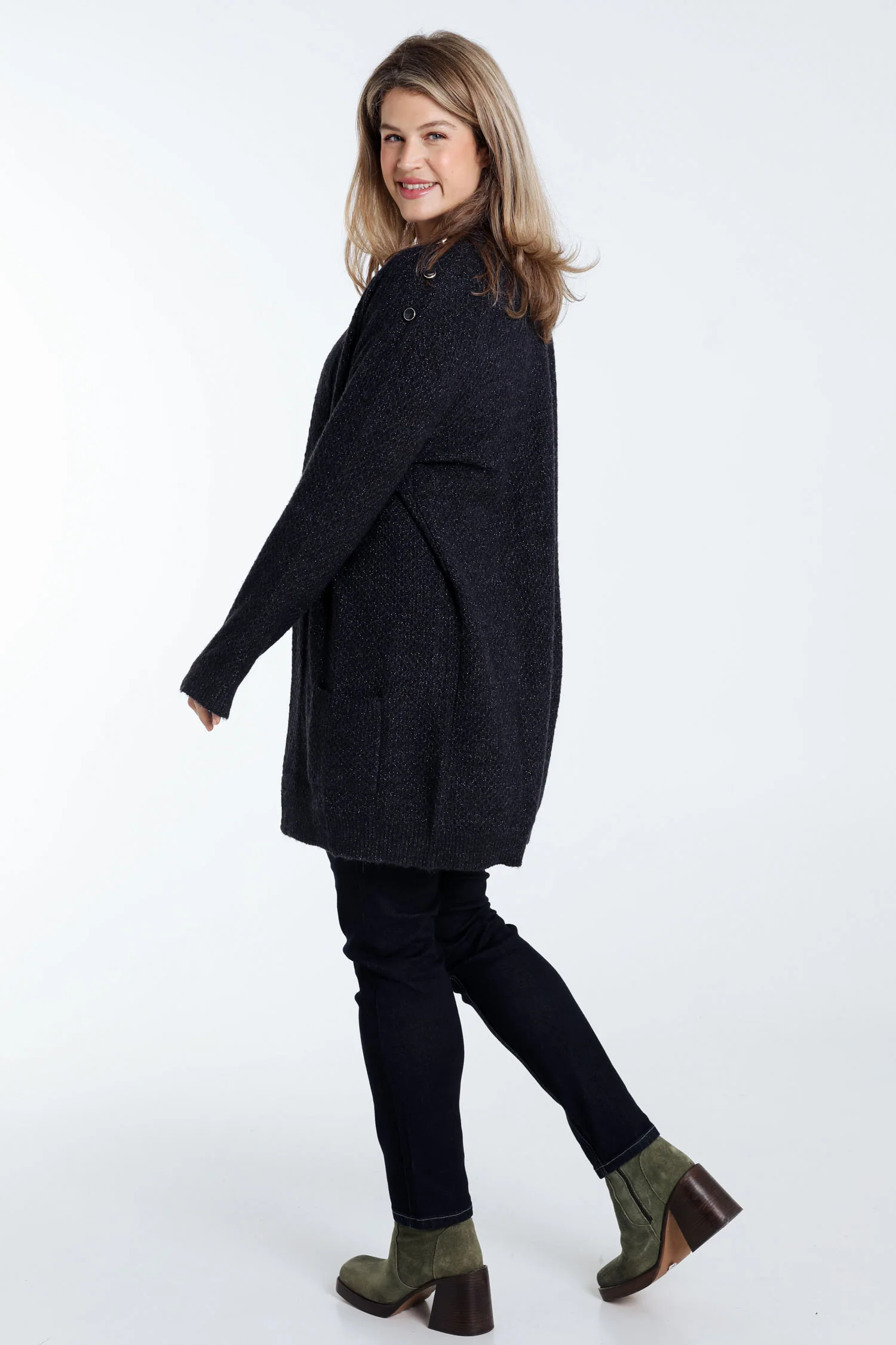 Lange, effen cardigan met sjaalkraag en decoratieve knopen - Image 2