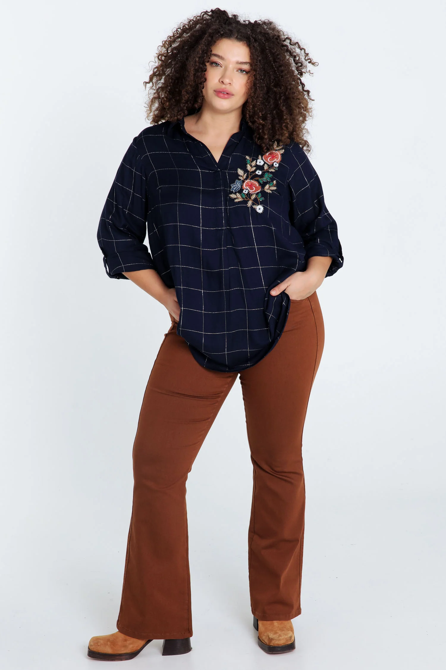 Lange, geruite blouse in viscose met borduurwerk - Image 7