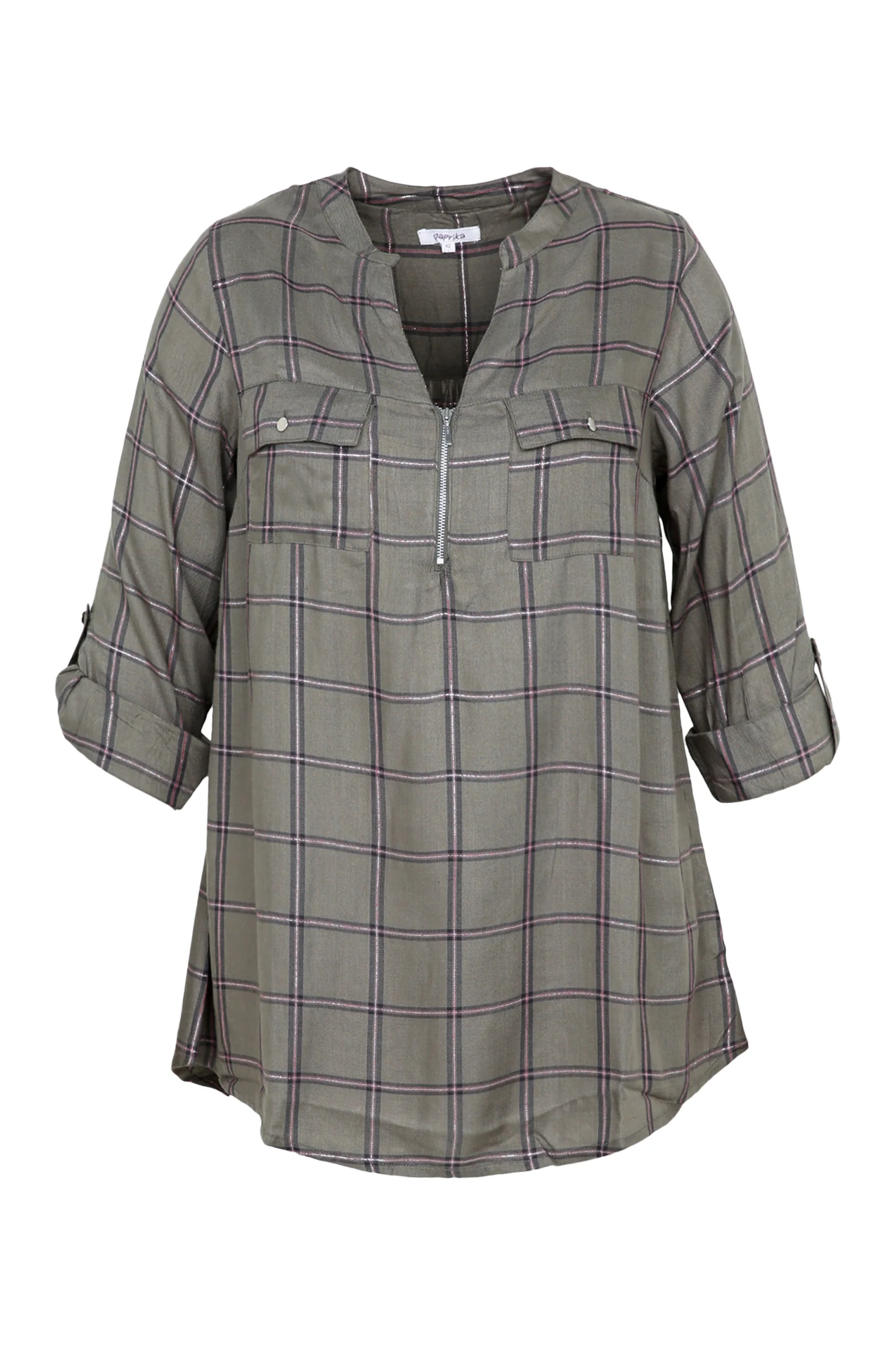 Lange, geruite tuniek in viscose met lurex, rits en zakken - Image 10