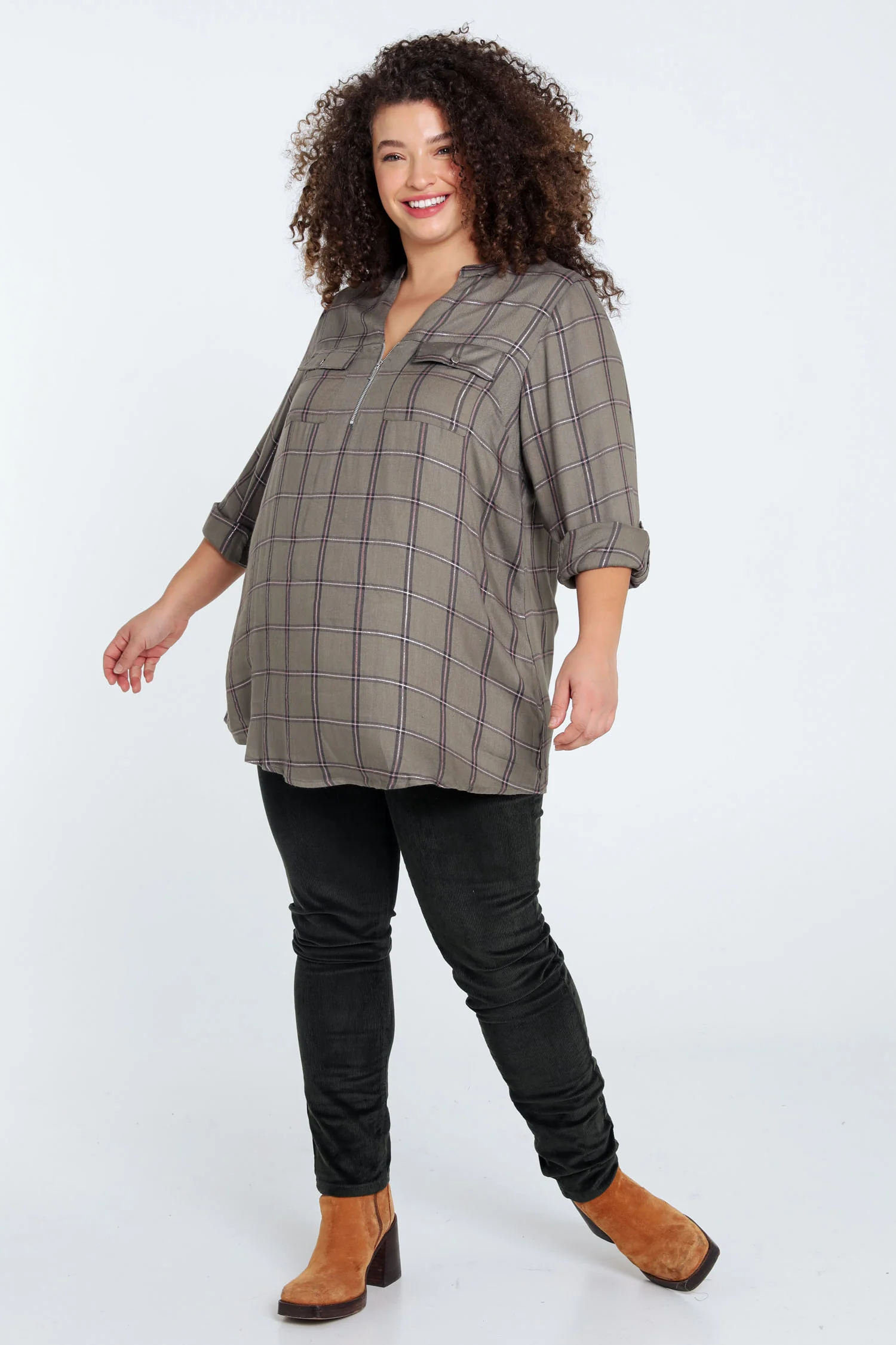 Lange, geruite tuniek in viscose met lurex, rits en zakken - Image 7