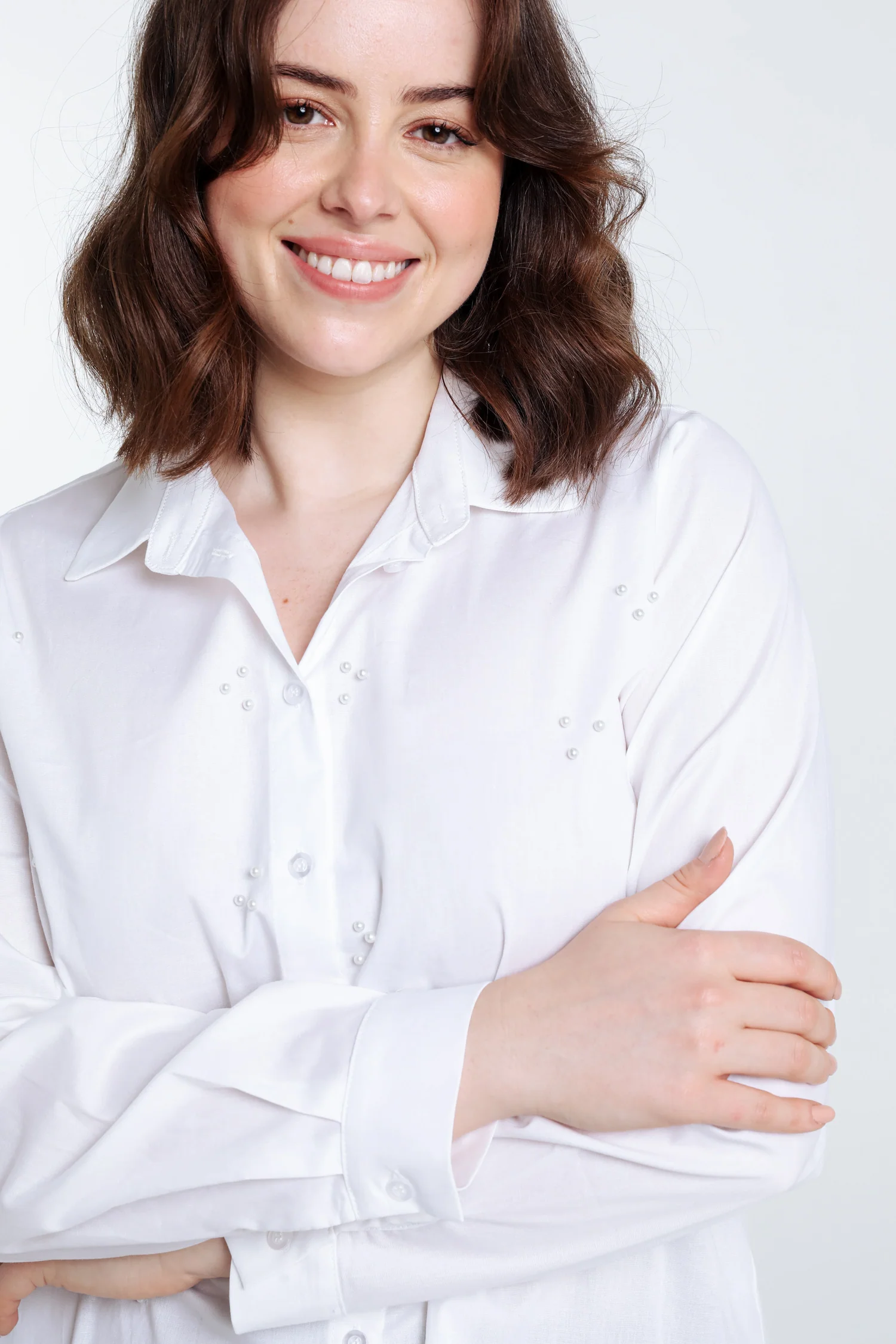 Effen hemd in poplin met parels - Image 7