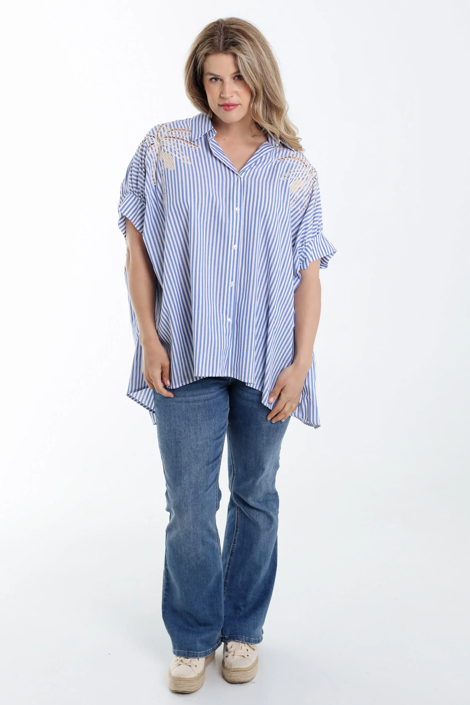 Oversized gestreepte katoenen shirt met borduursels - Image 7
