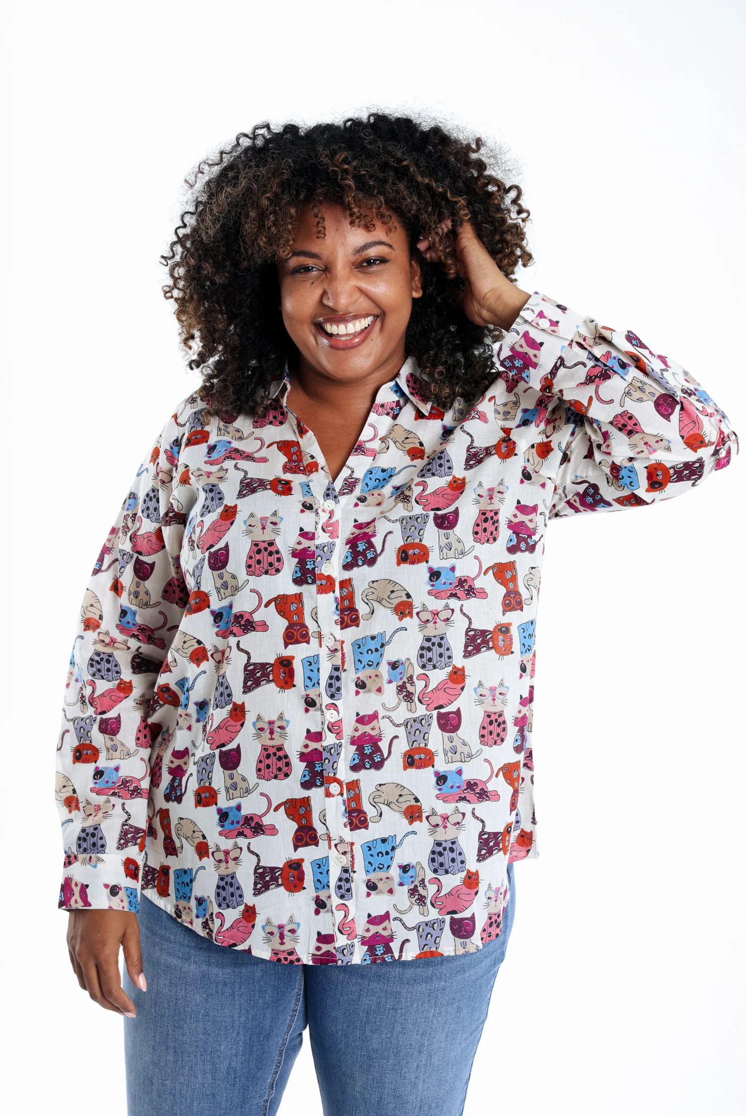 Blouse van katoen met kattenprint