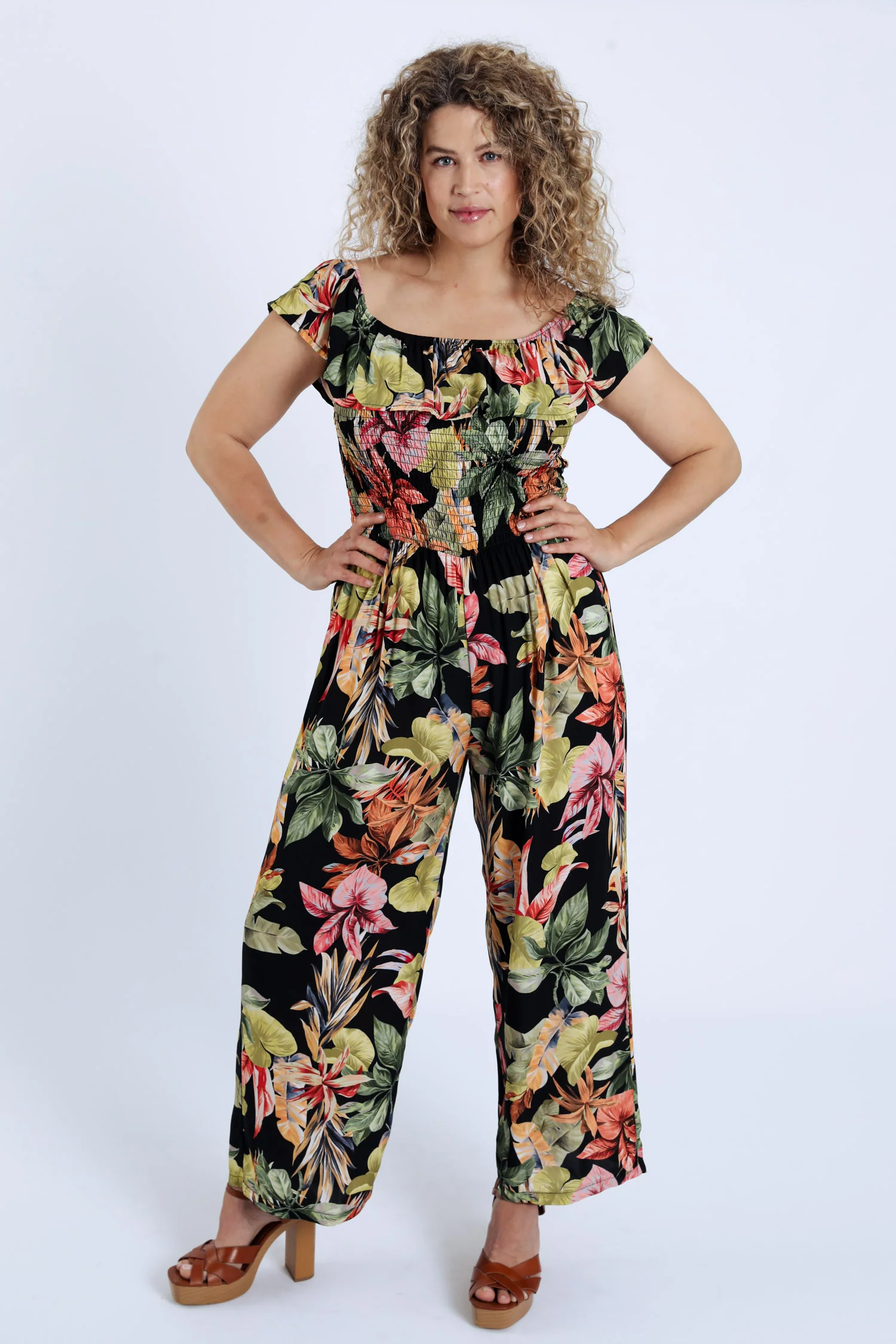 Overall van viscose met bloemenprint en ruffles