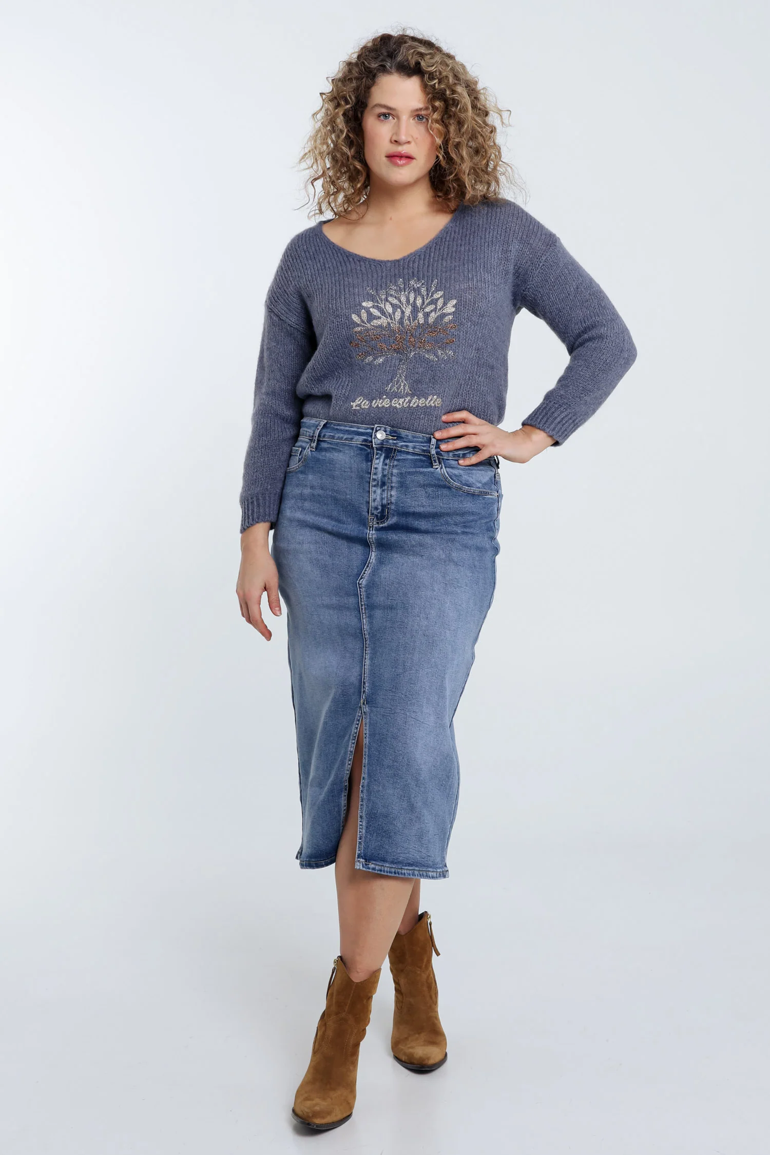 Halflange, effen rok met split vooraan en 5 zakken - Image 7