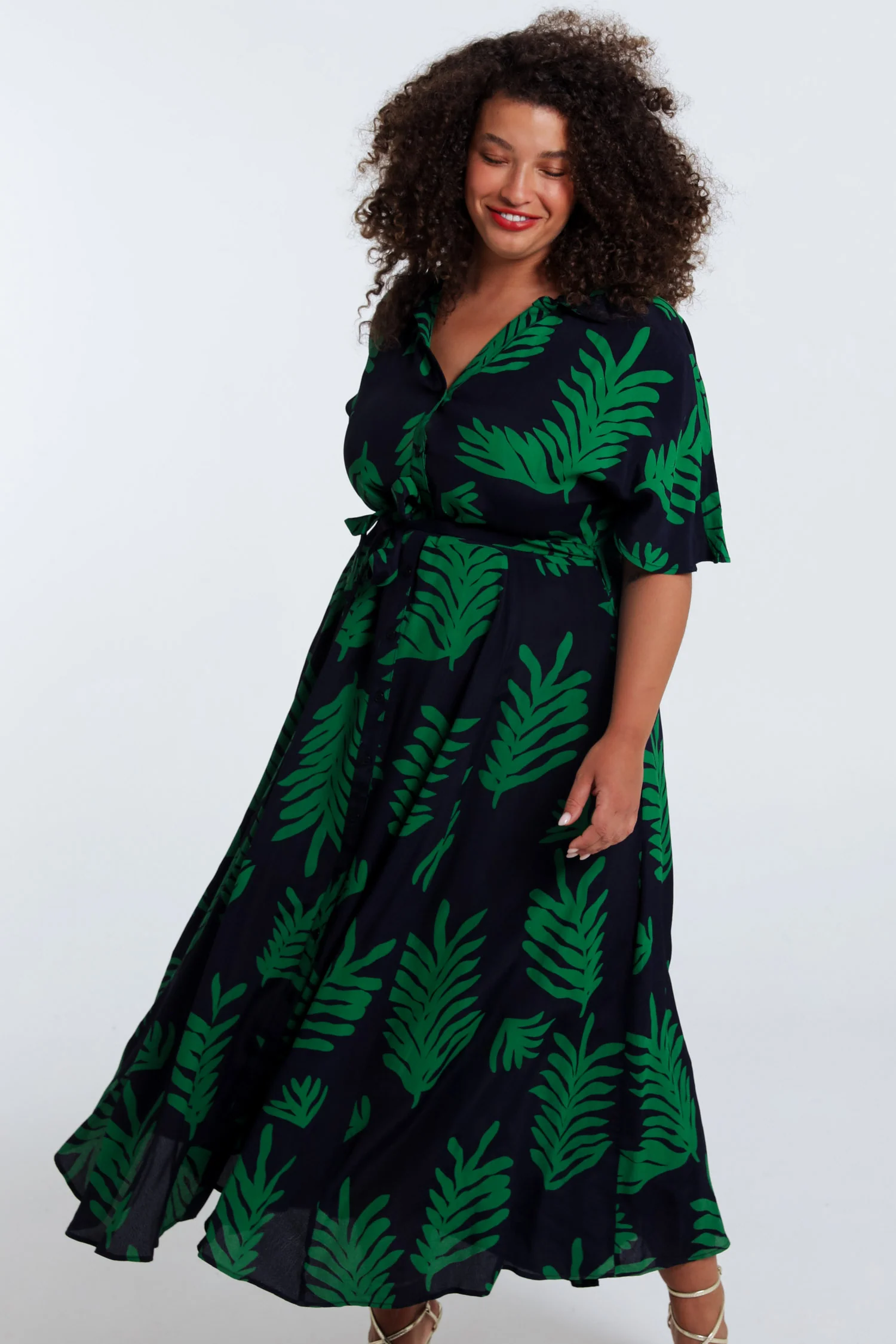 Lange jurk van viscose met bladerenprint