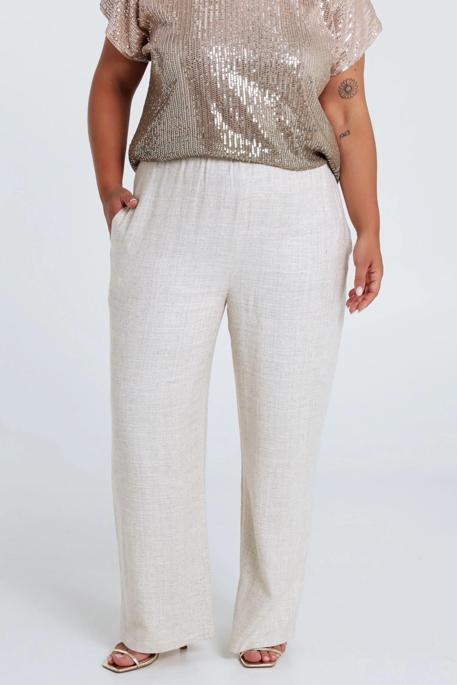 Linnen en viscose broek met lurexdetail