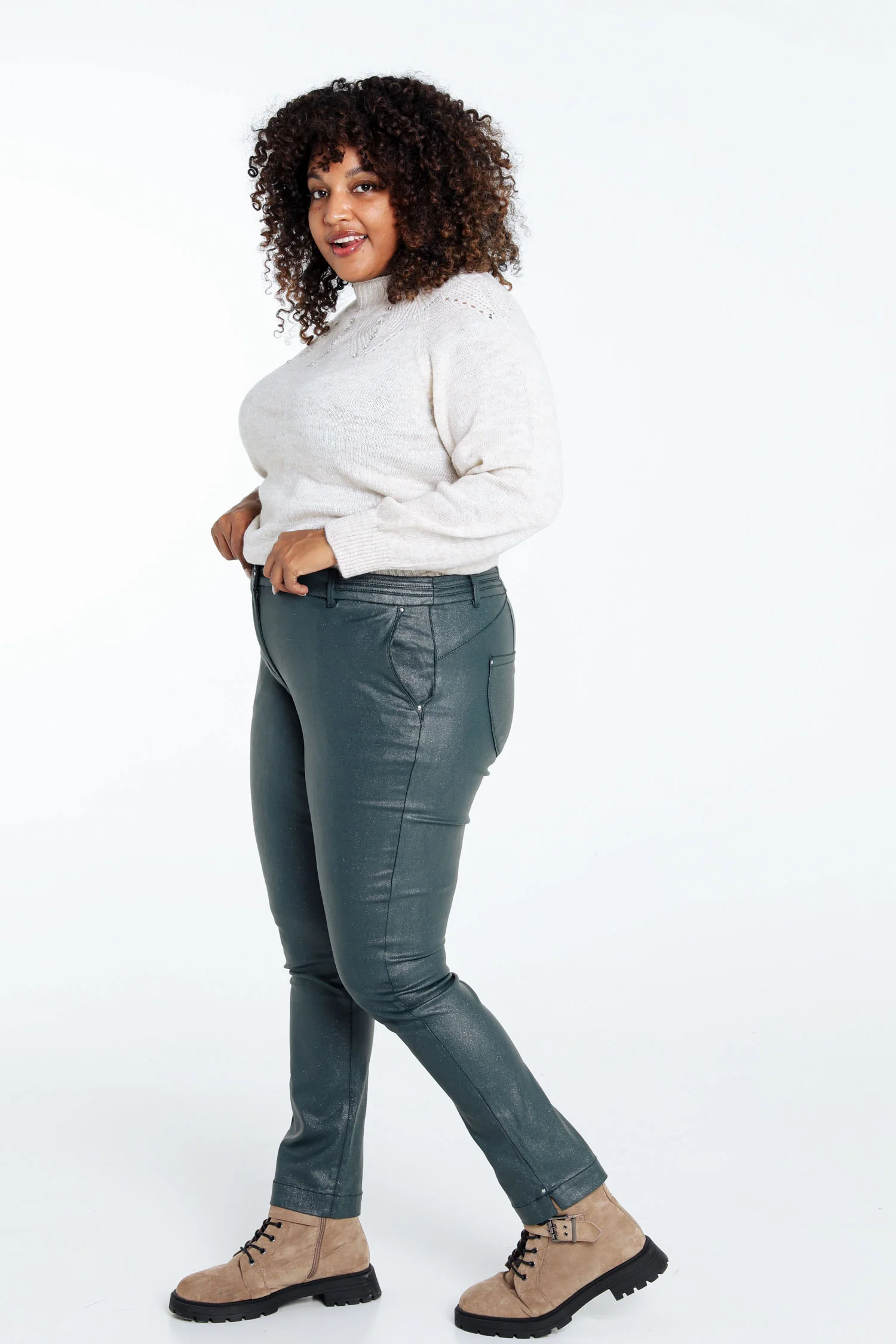 Effen slim 7/8-broek in viscose met metallic coating - Image 9