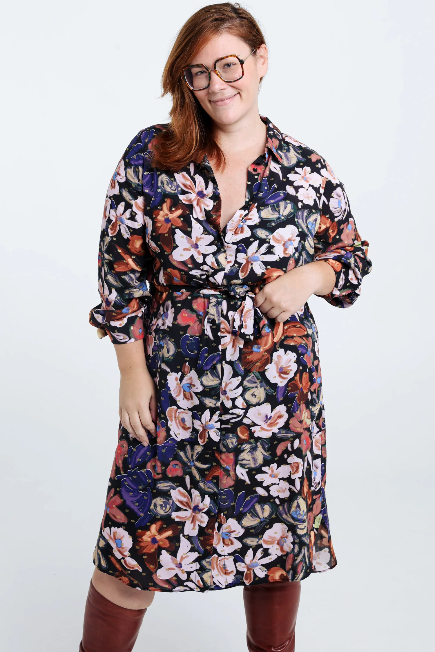 Halflange hemdjurk met bloemenmotief en lurex