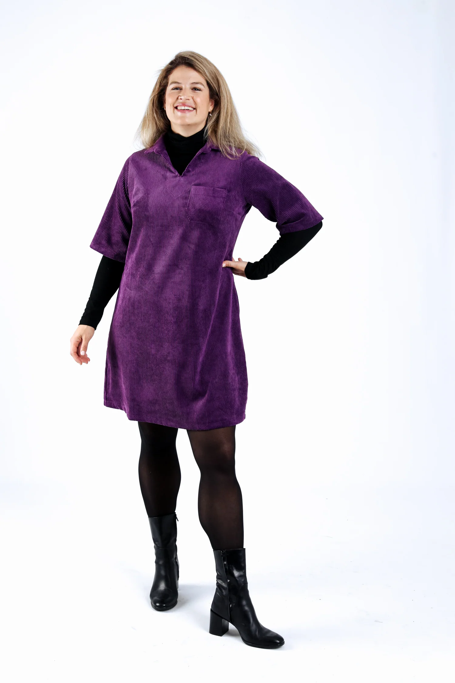 Effen ribfluwelen jurk - Image 6
