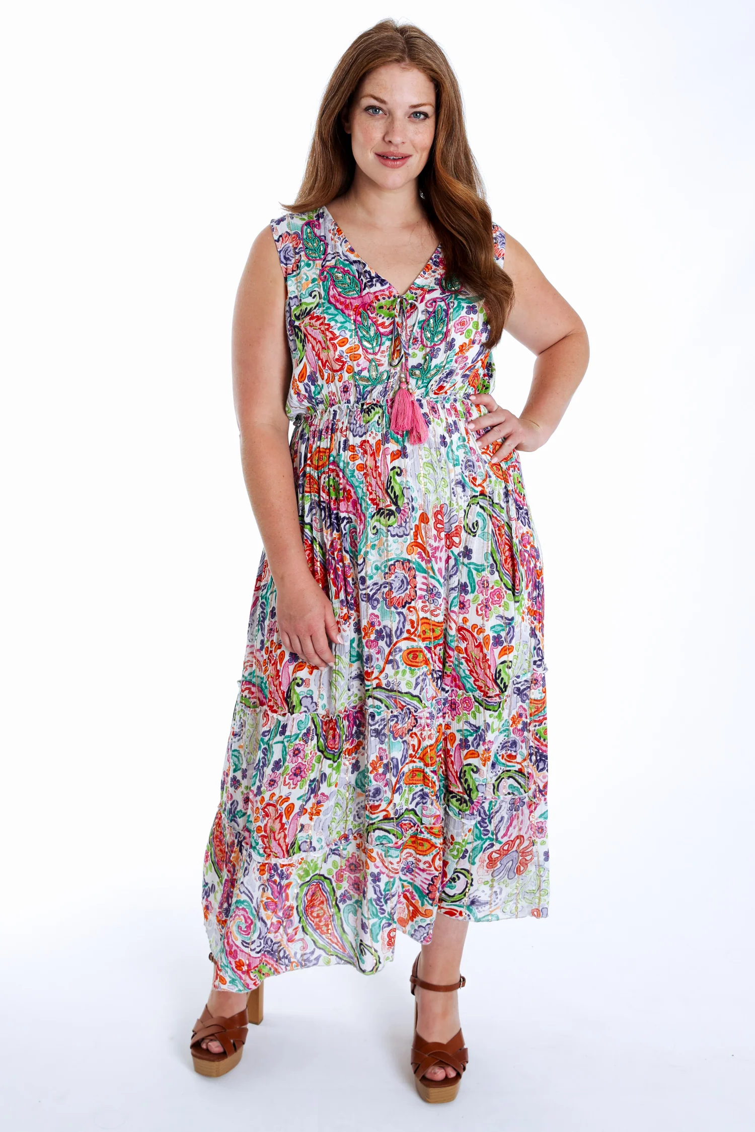 Jurk lang in viscose met bloemenprint en lurex
