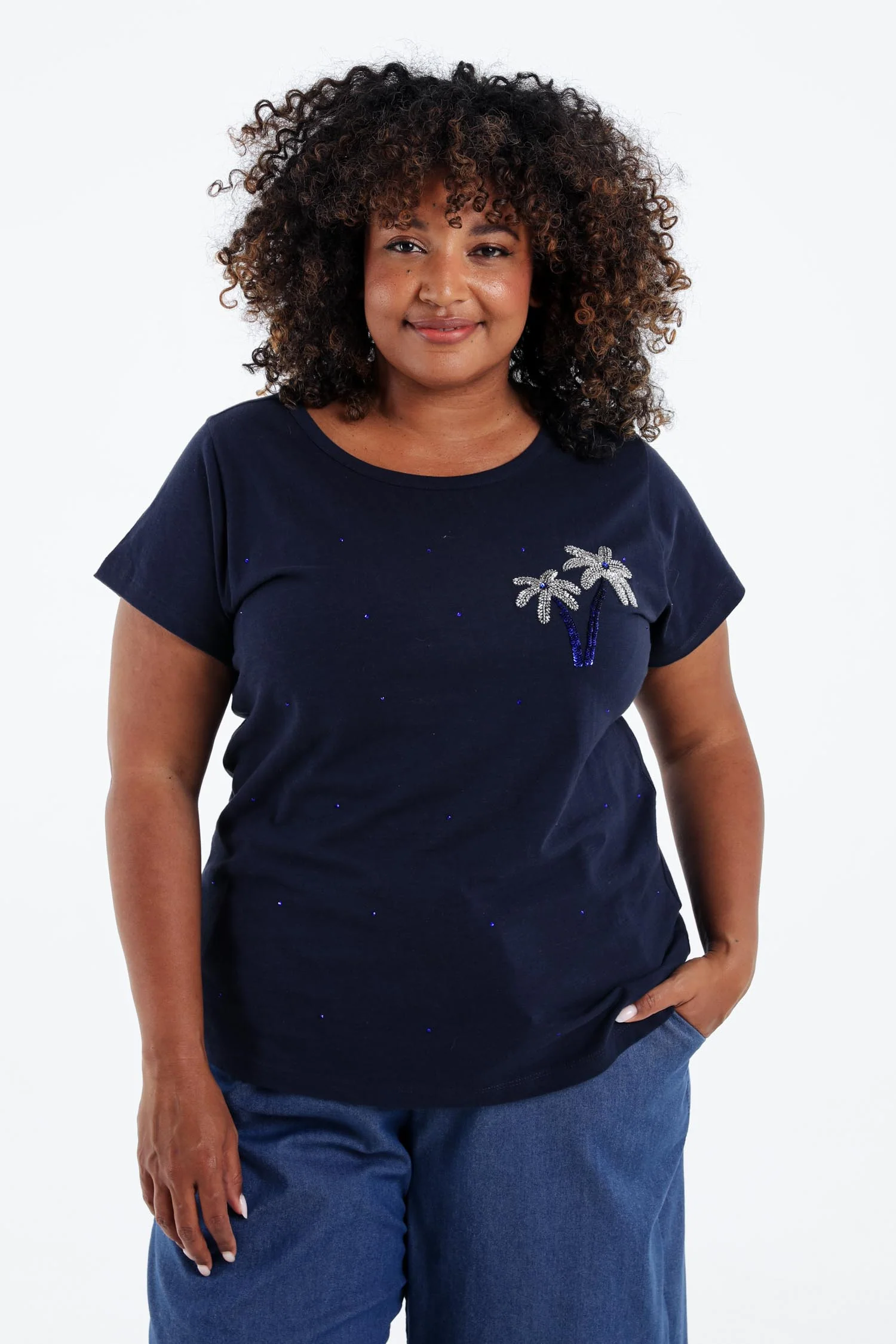 T-shirt van katoen met palmbomen in pailletten