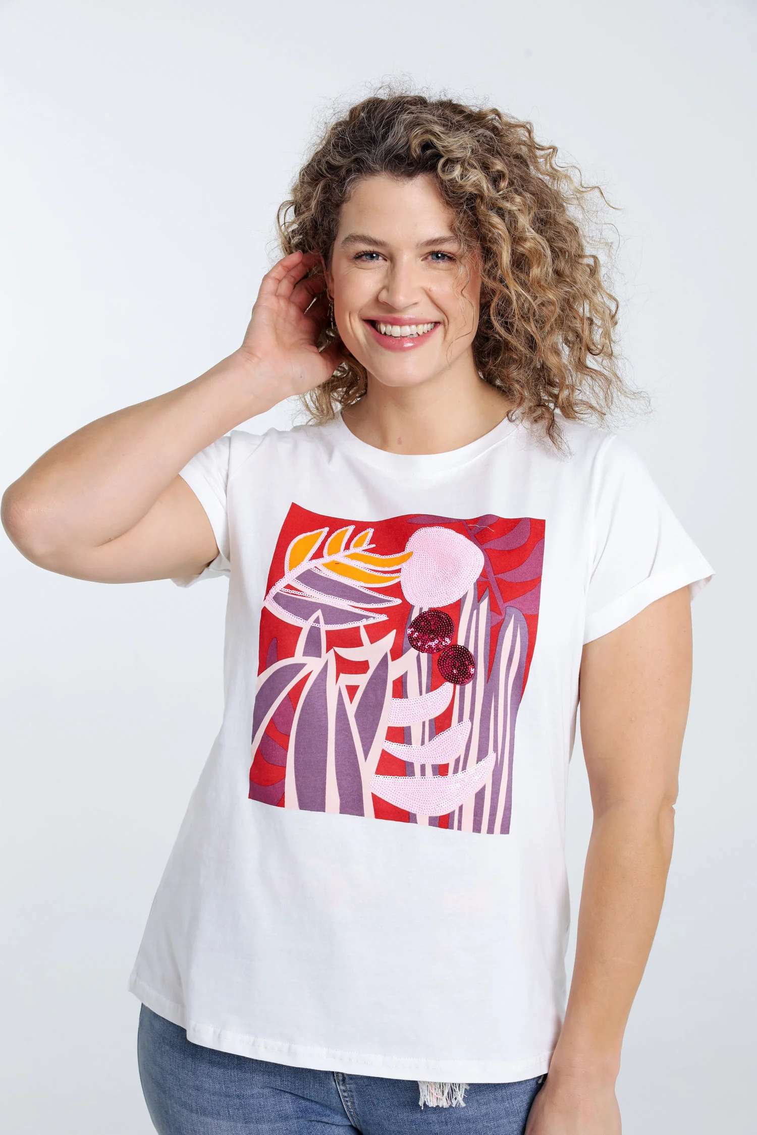 Katoenen T-shirt met gekleurde print en pailletten