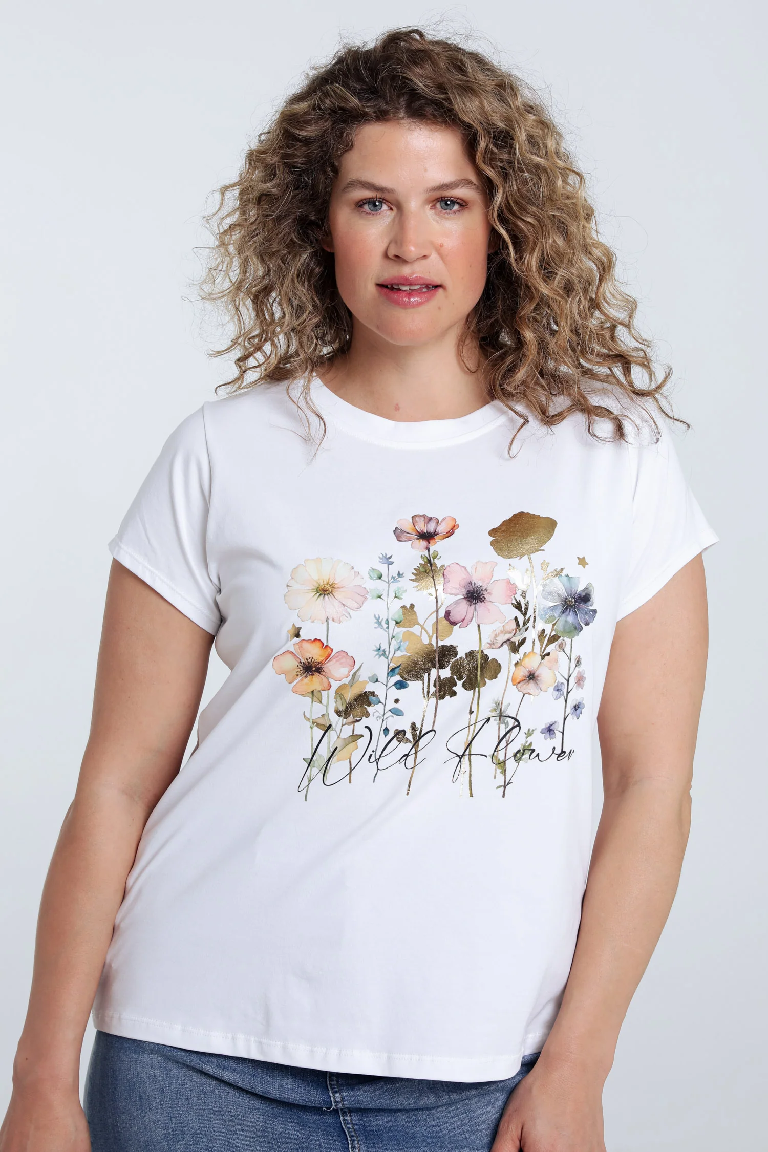 T-shirt van katoen met bloemenprint en folie
