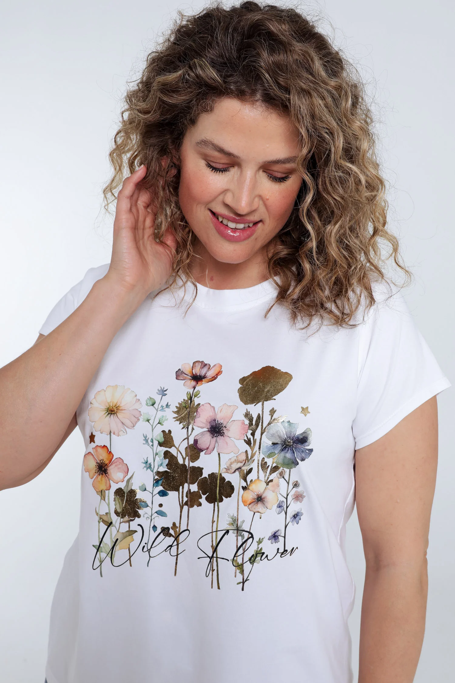 T-shirt van katoen met bloemenprint en folie - Image 3