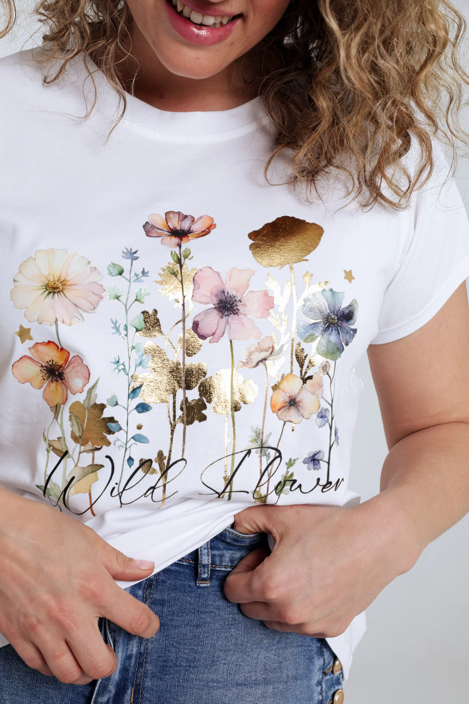 T-shirt van katoen met bloemenprint en folie - Image 5