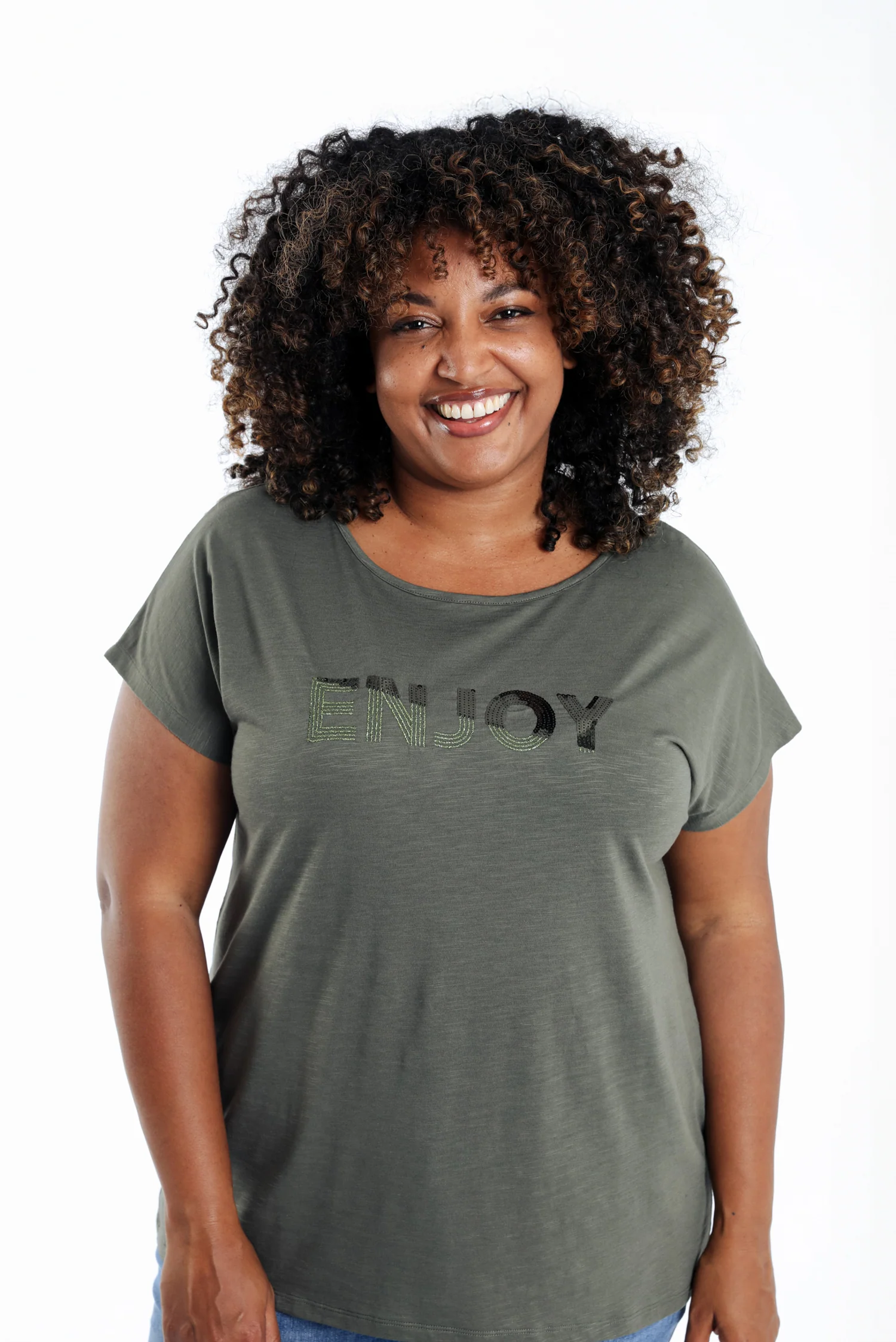 Effen katoenen T-shirt Enjoy met pailletten - Image 12