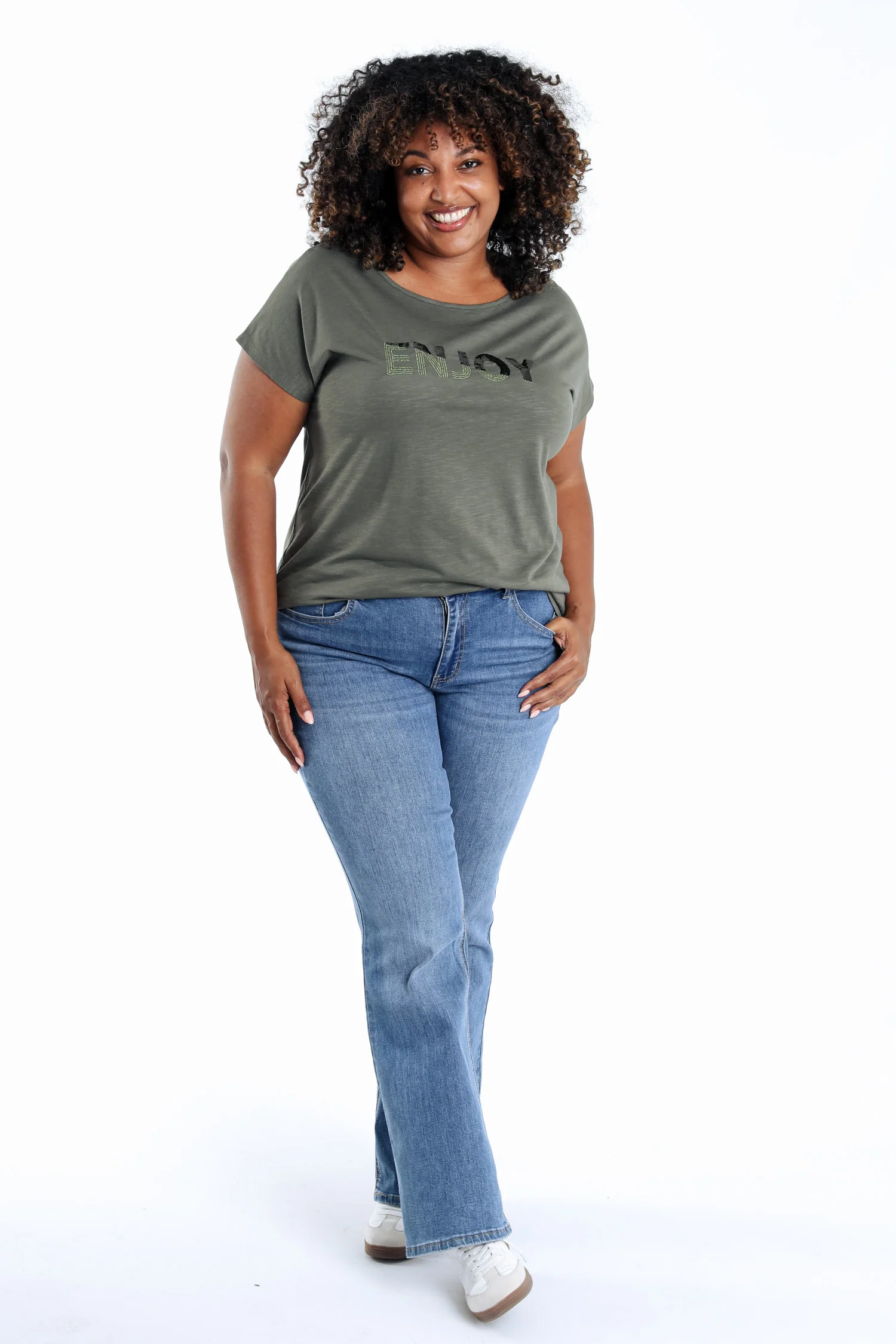 Effen katoenen T-shirt Enjoy met pailletten - Image 20