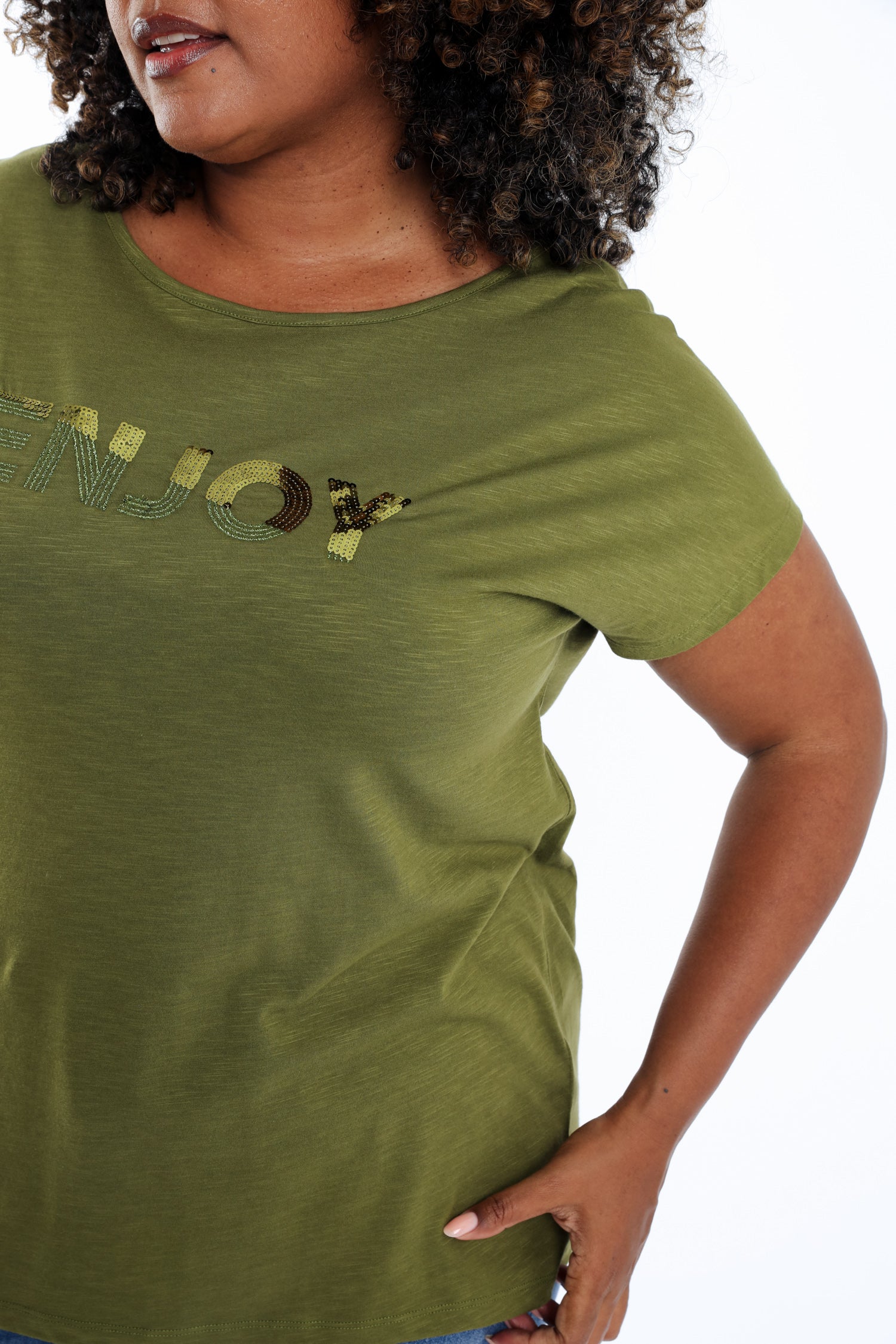 Effen katoenen T-shirt Enjoy met pailletten - Image 26