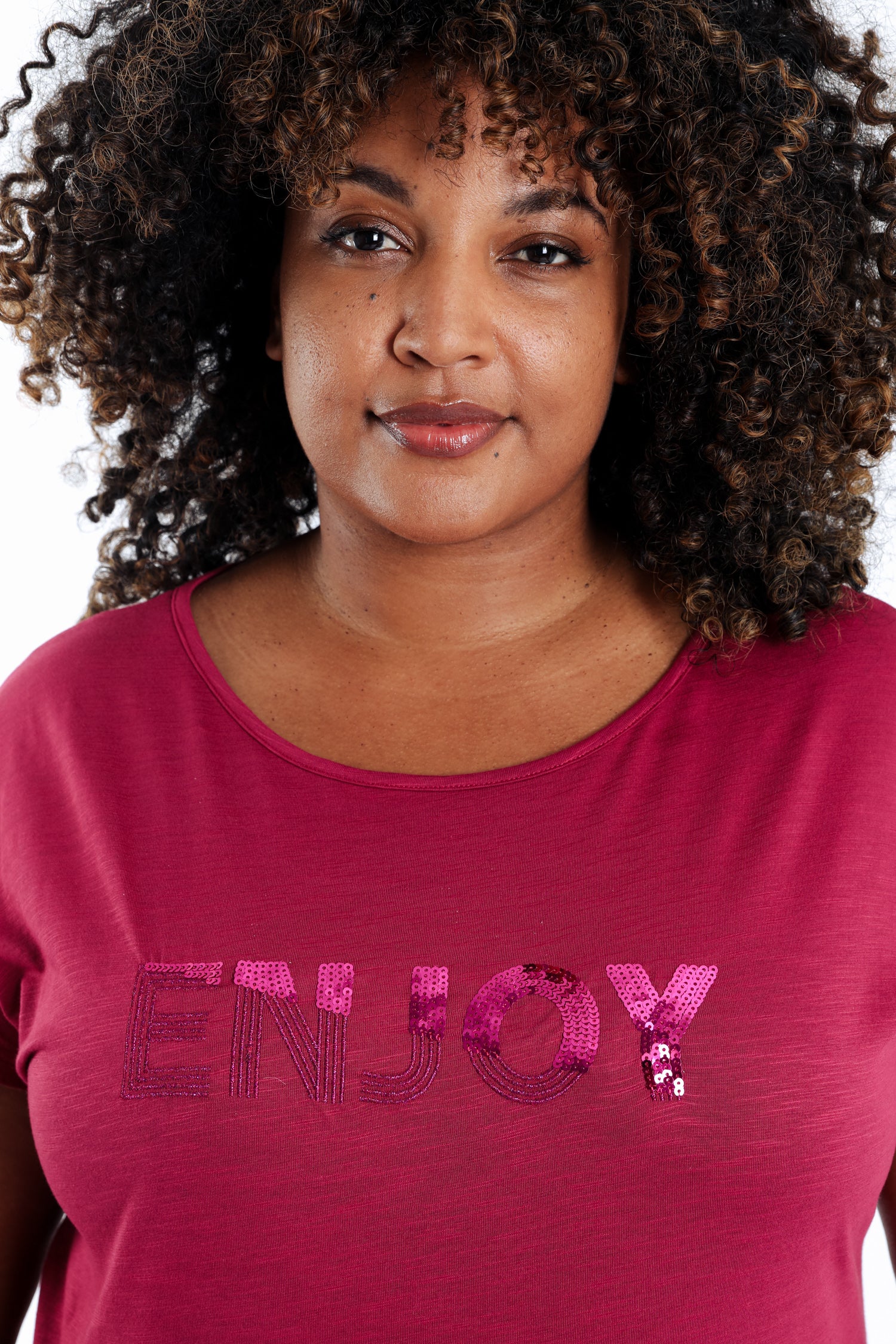 Effen katoenen T-shirt Enjoy met pailletten - Image 3