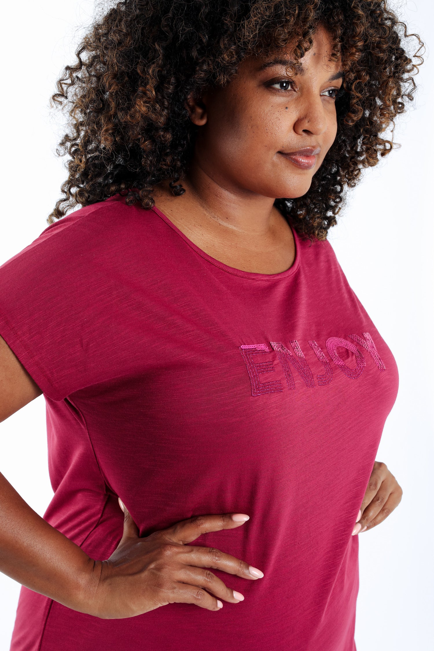 Effen katoenen T-shirt Enjoy met pailletten - Image 4