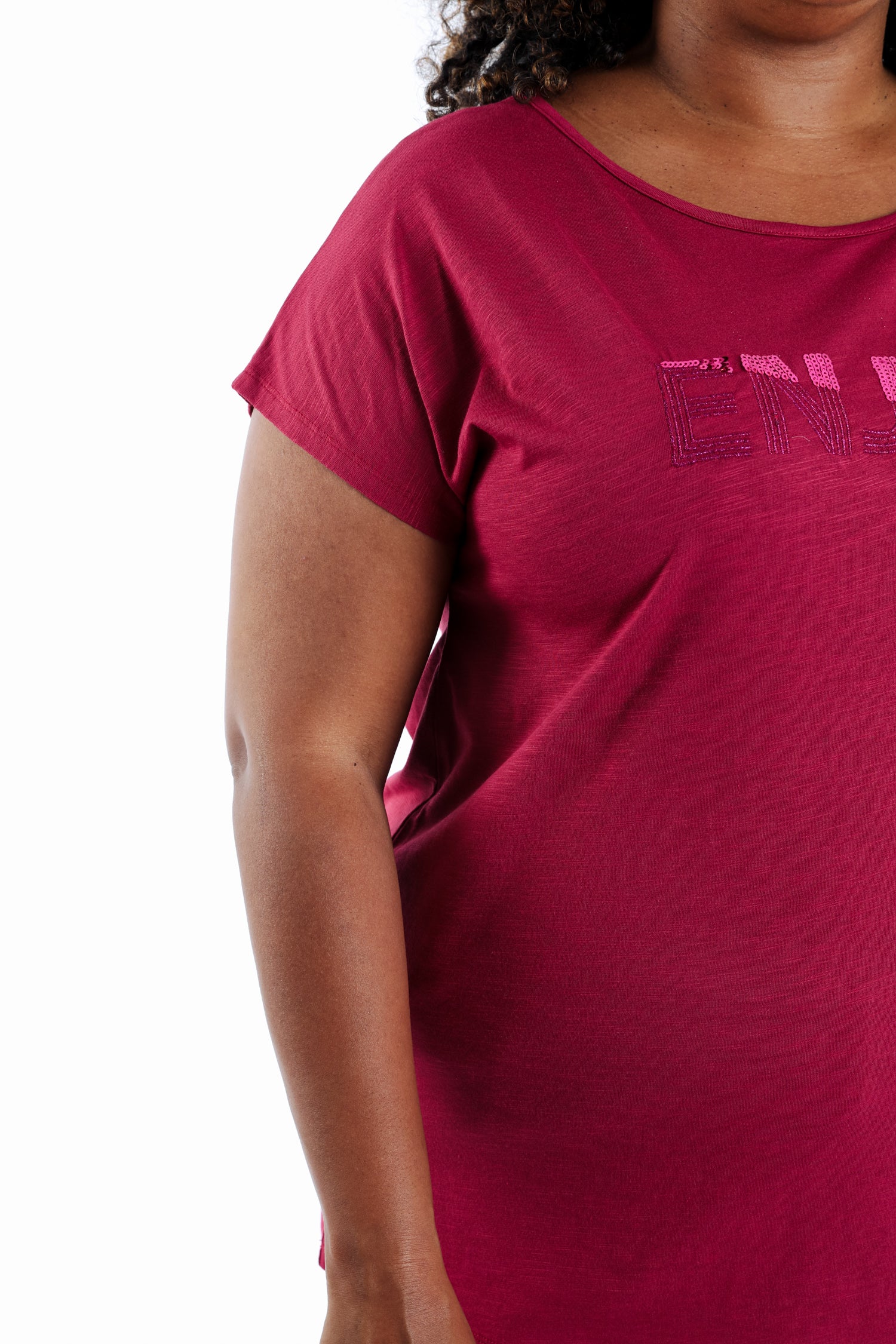 Effen katoenen T-shirt Enjoy met pailletten - Image 5