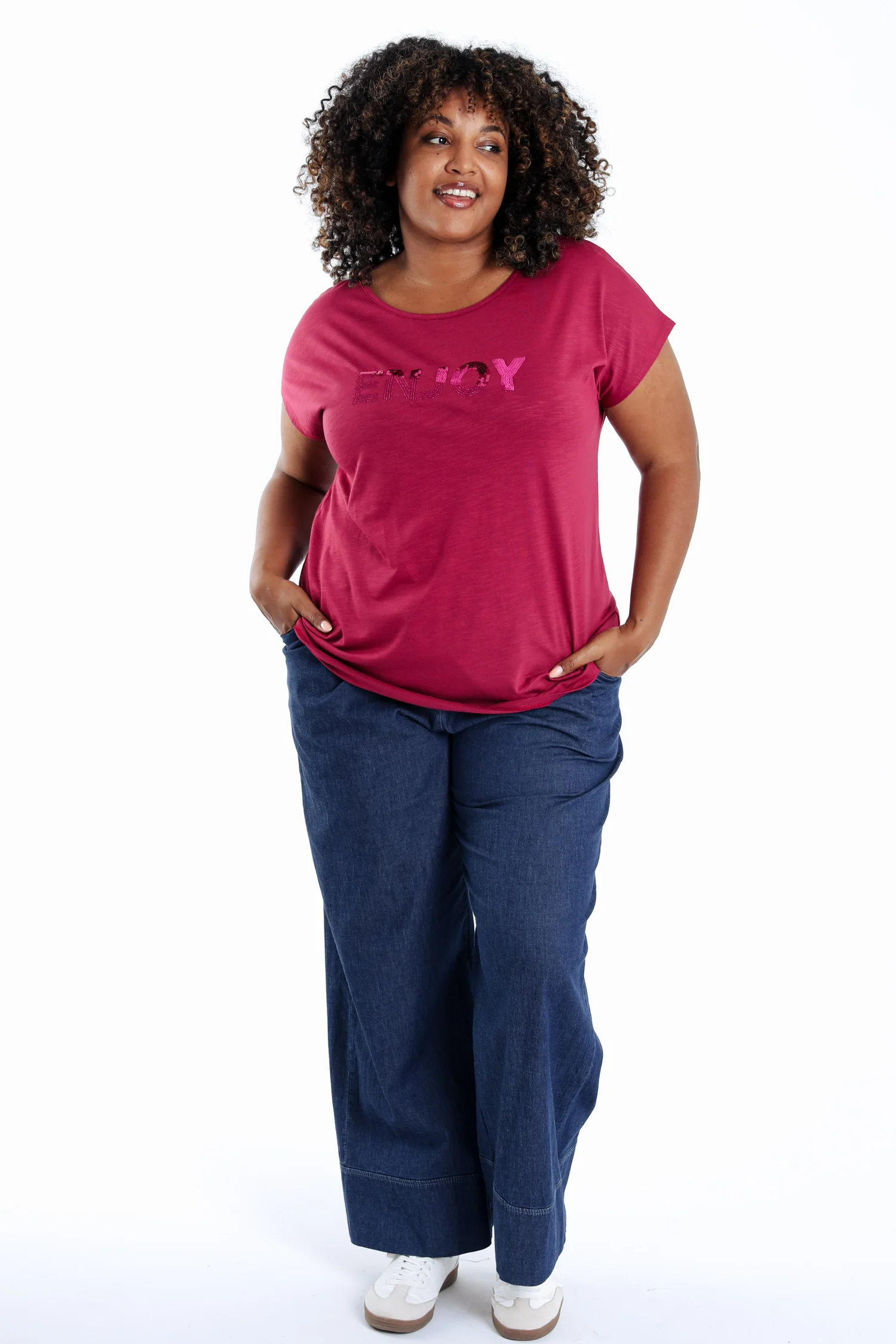 Effen katoenen T-shirt Enjoy met pailletten - Image 7