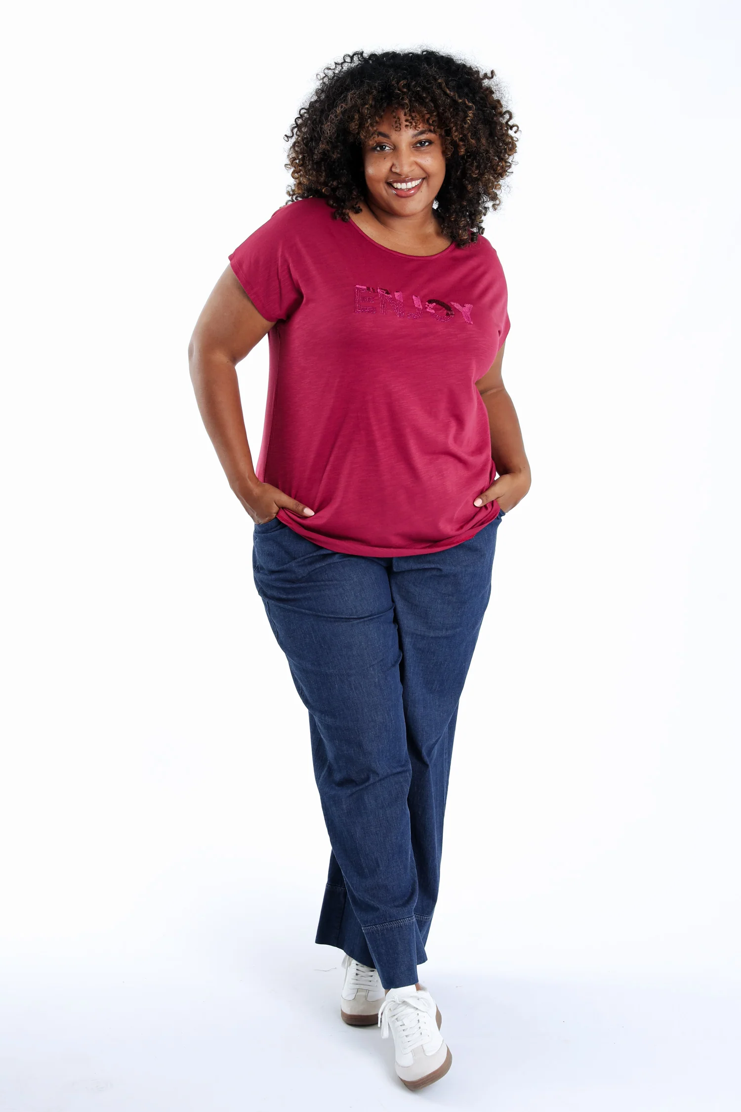 Effen katoenen T-shirt Enjoy met pailletten - Image 8