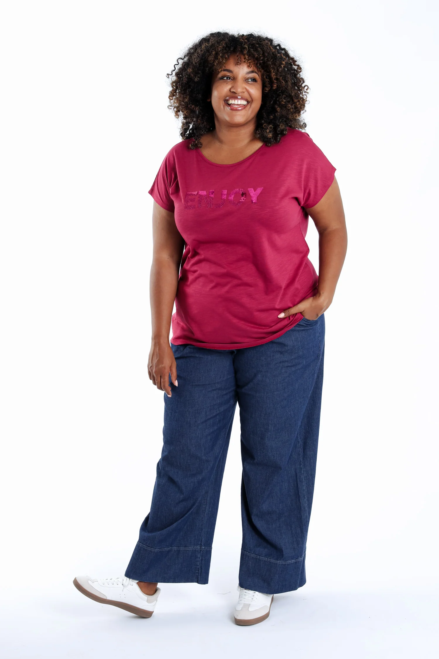 Effen katoenen T-shirt Enjoy met pailletten - Image 9