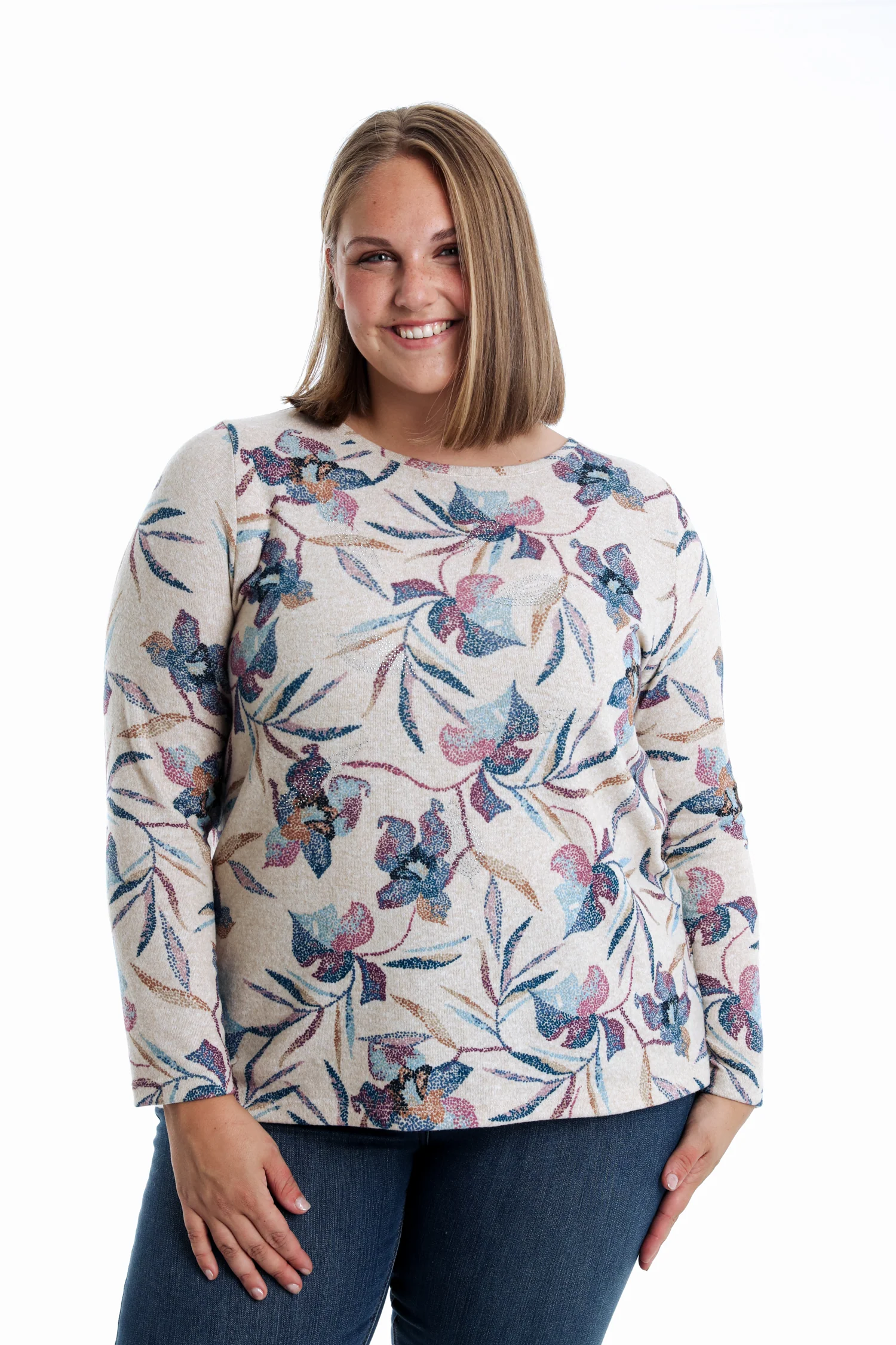 T-shirt van warme gebreide stof met bloemenprint