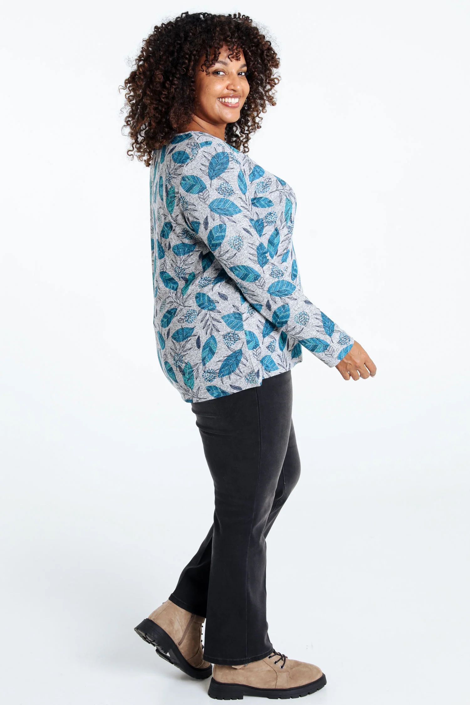 Warm gebreid T-shirt met bladprint en strasssteentjes - Image 2